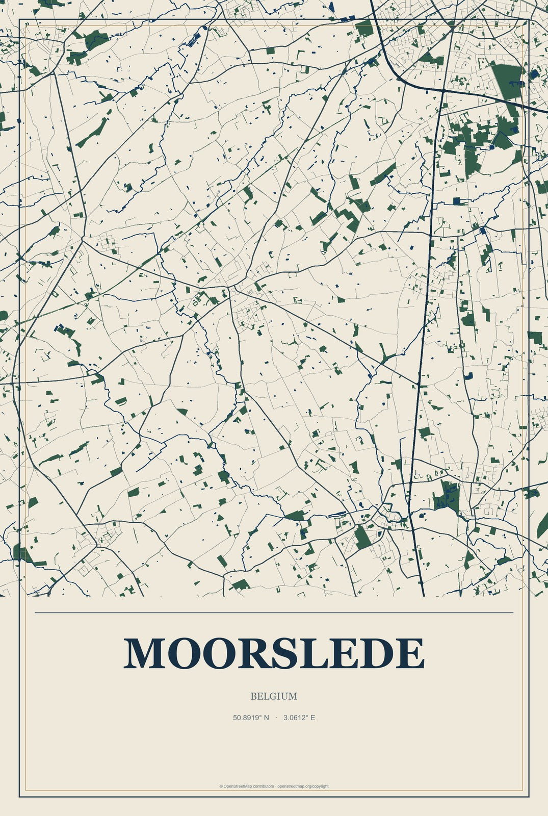 Moorslede, Belgium City Map Aluminum Sign in Coastal Cutout style