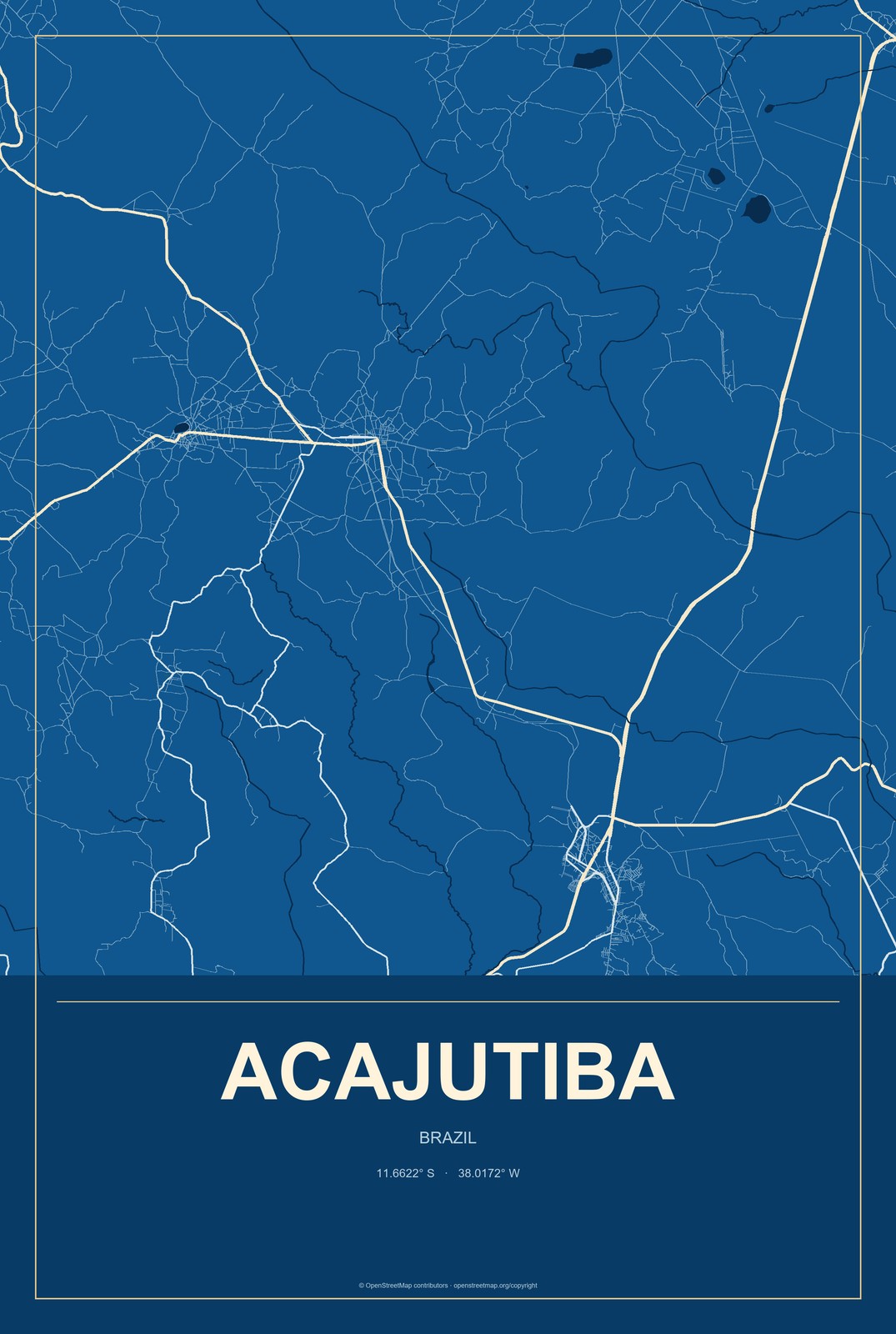 Acajutiba, Brazil City Map Aluminum Sign in Harbor Cobalt style
