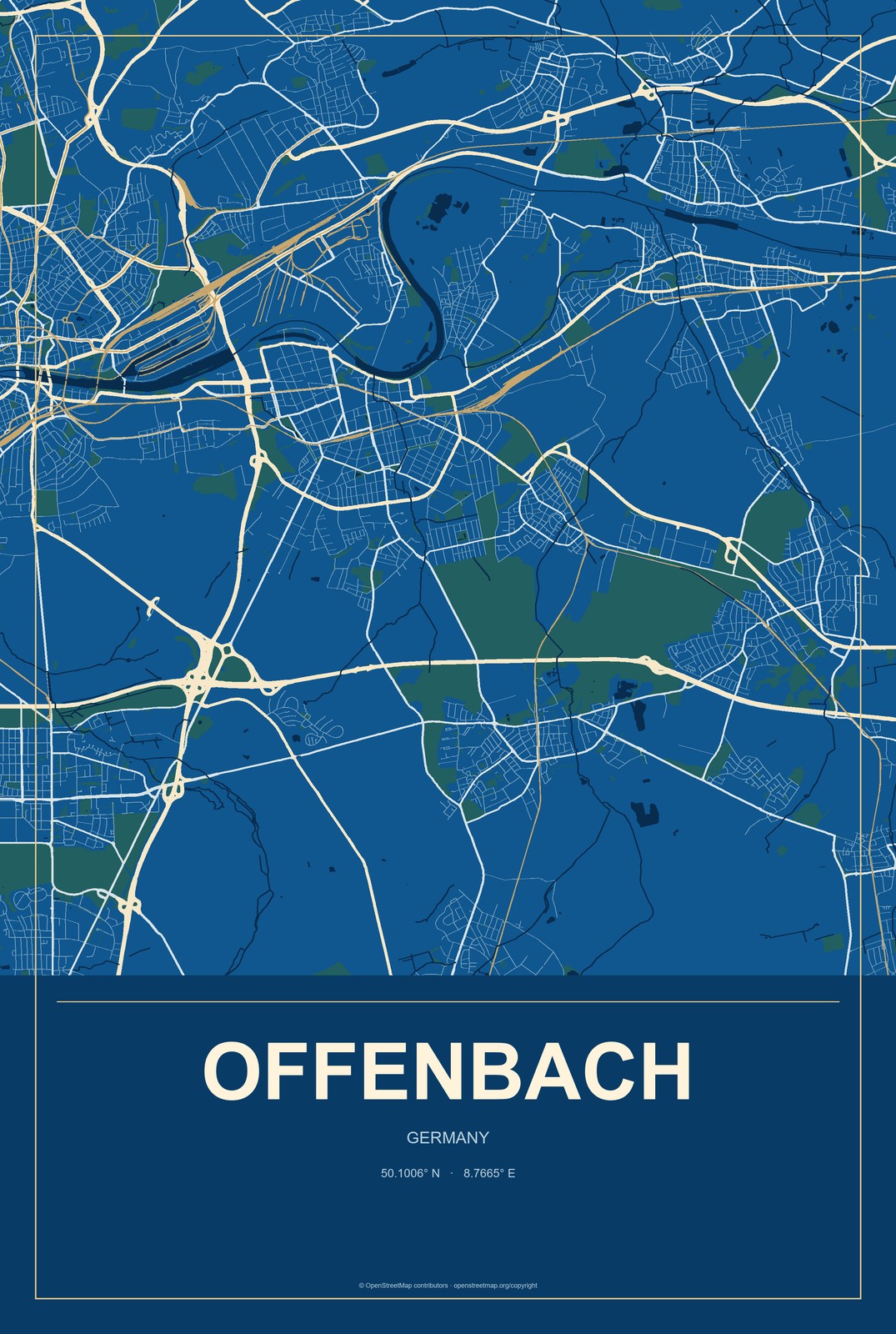 Offenbach, Germany City Map Aluminum Sign in Harbor Cobalt style