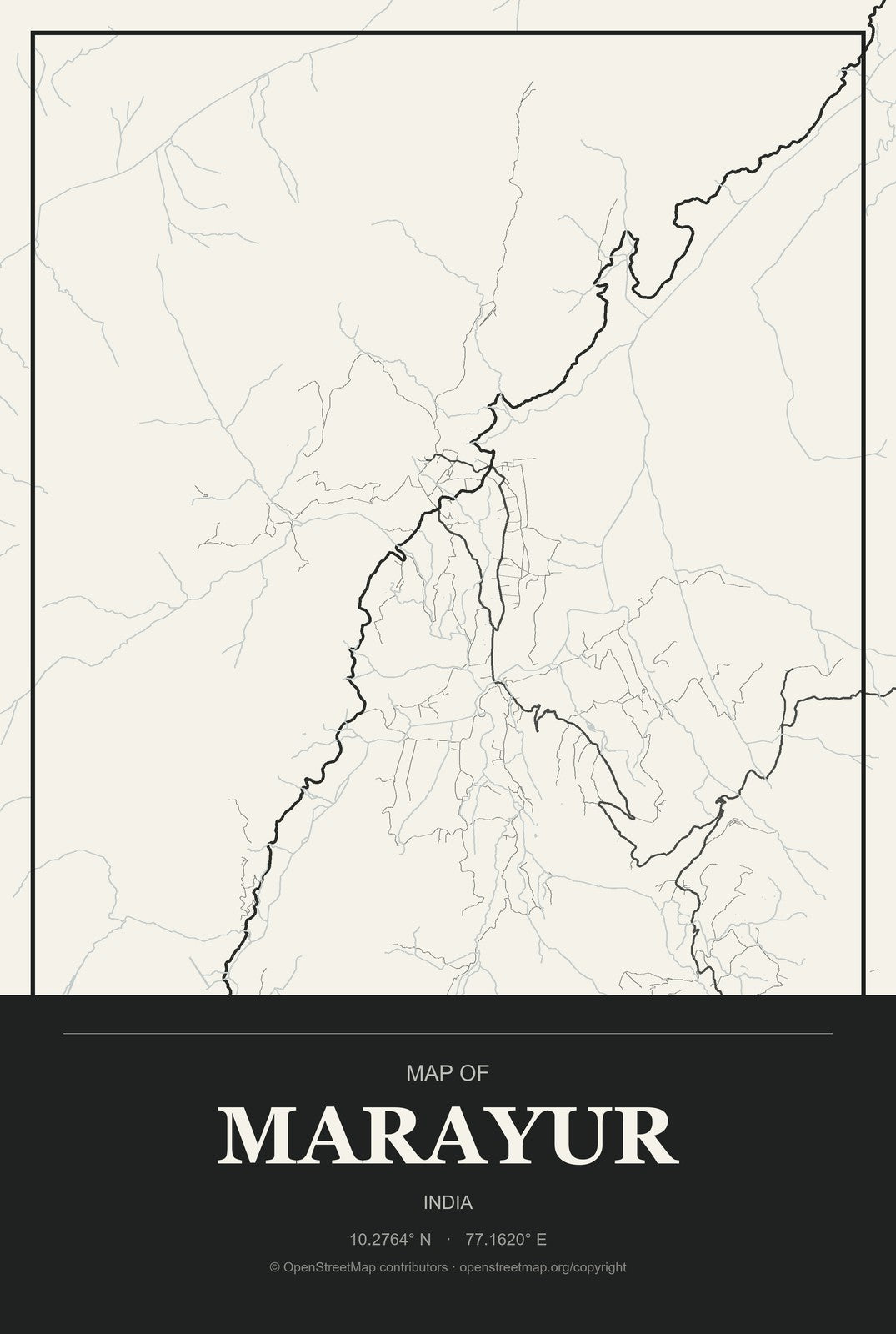 Marayur, India City Map Aluminum Sign in Museum Plaque style