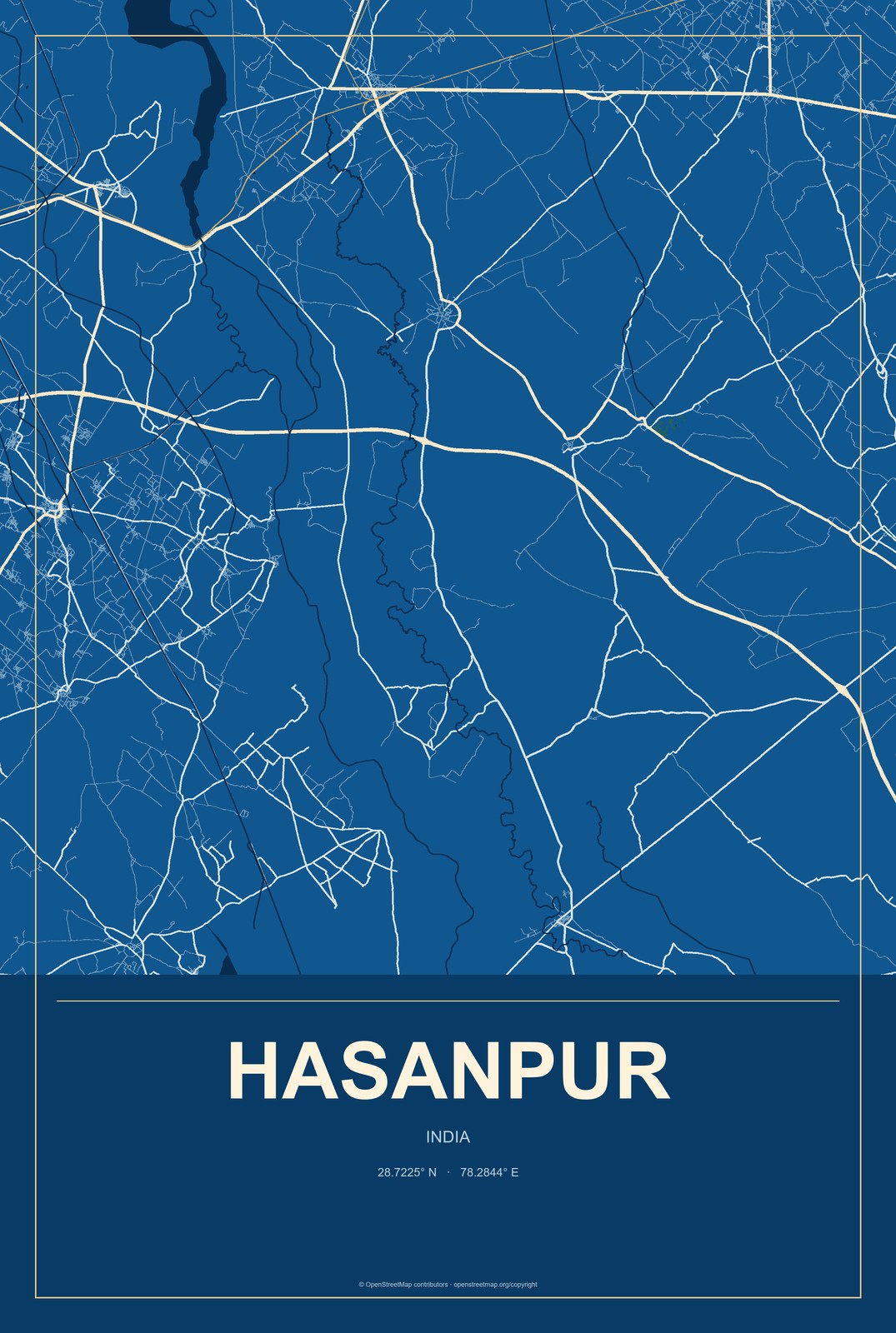 Hasanpur, Haryana, India City Map Aluminum Sign in Harbor Cobalt style