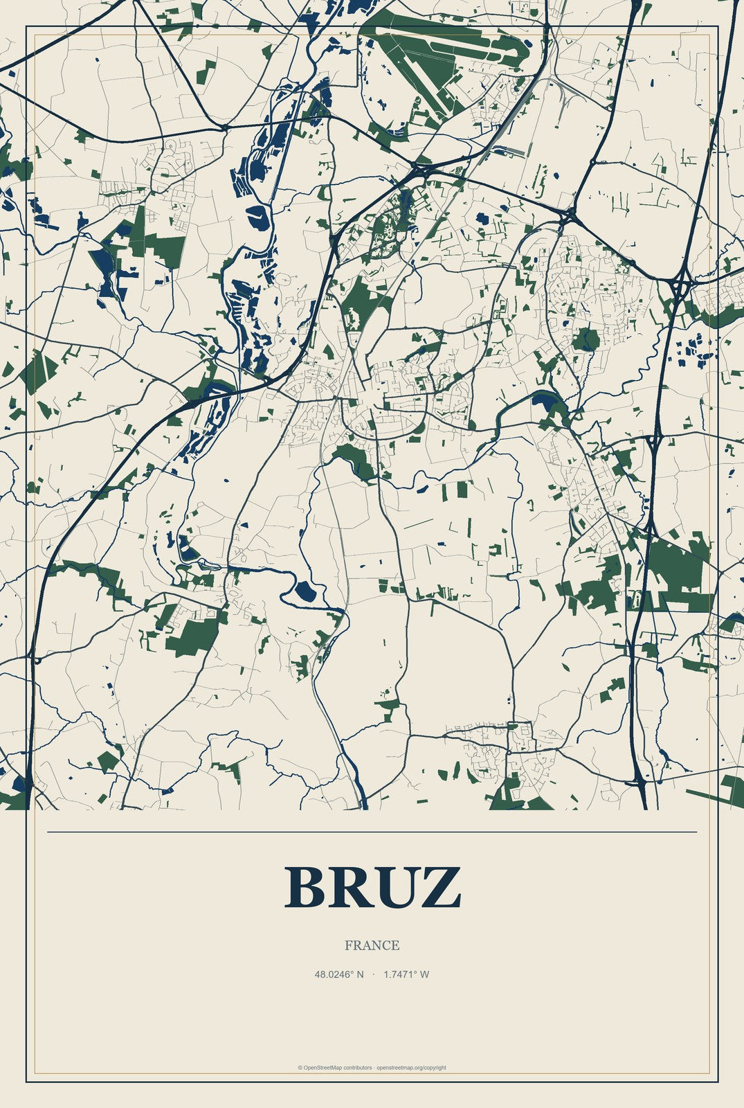Bruz, France City Map Aluminum Sign in Coastal Cutout style