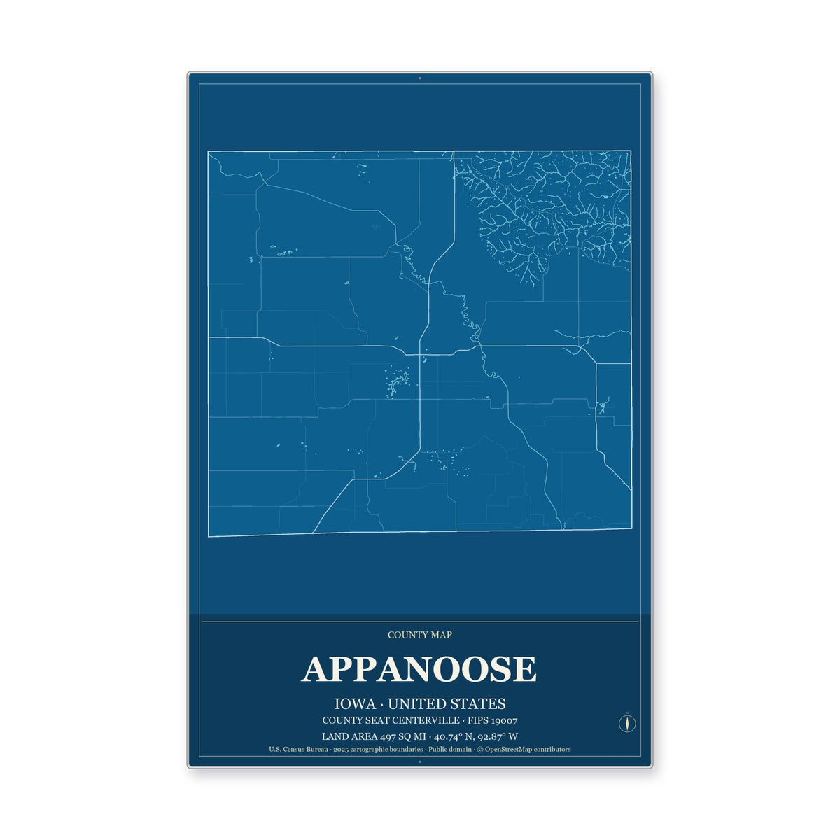 Appanoose County, Iowa Map Aluminum Sign in Harbor Cobalt style