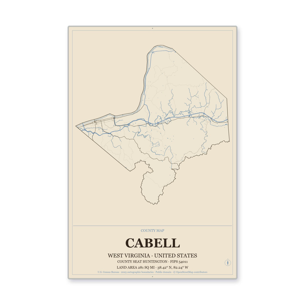 Cabell County, West Virginia Map Aluminum Sign in Heritage Nautical style