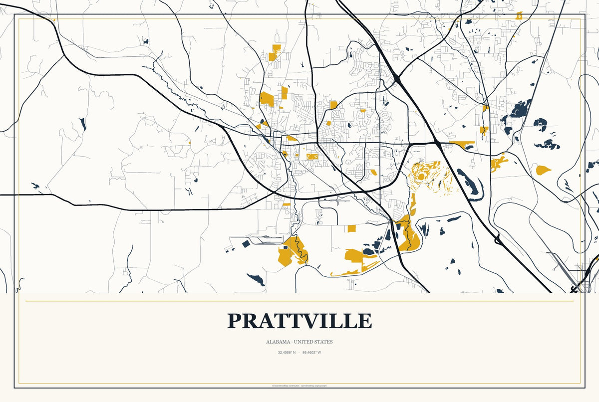 Prattville, Alabama City Map Aluminum Sign in Citrine Modern style
