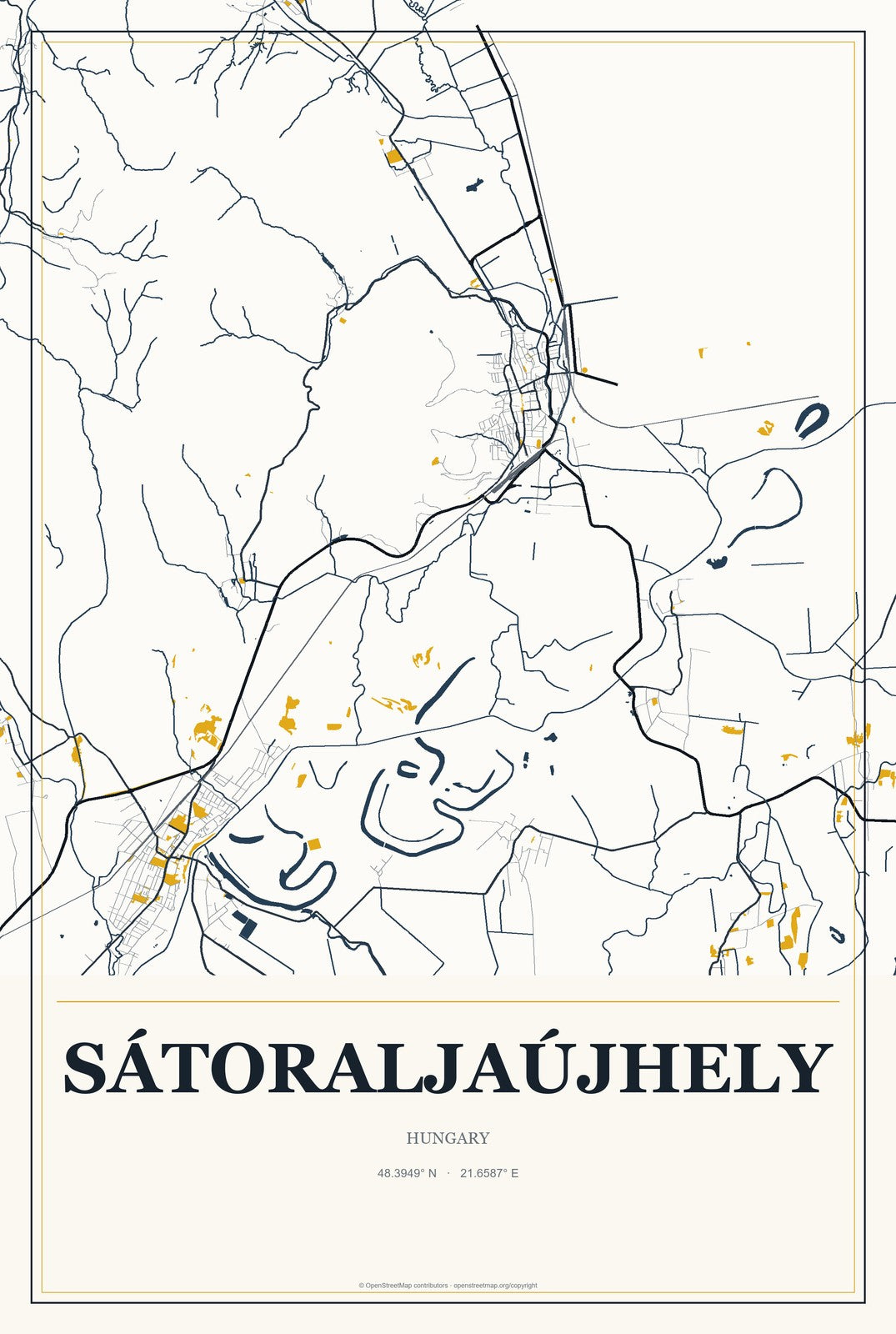 Sátoraljaújhely, Hungary City Map Aluminum Sign in Citrine Modern style