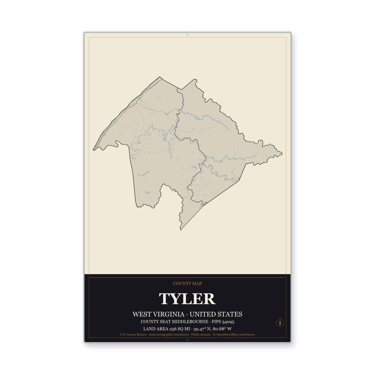 Tyler County, West Virginia Map Aluminum Sign in Museum Plaque style