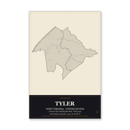 Tyler County, West Virginia Map Aluminum Sign in Museum Plaque style