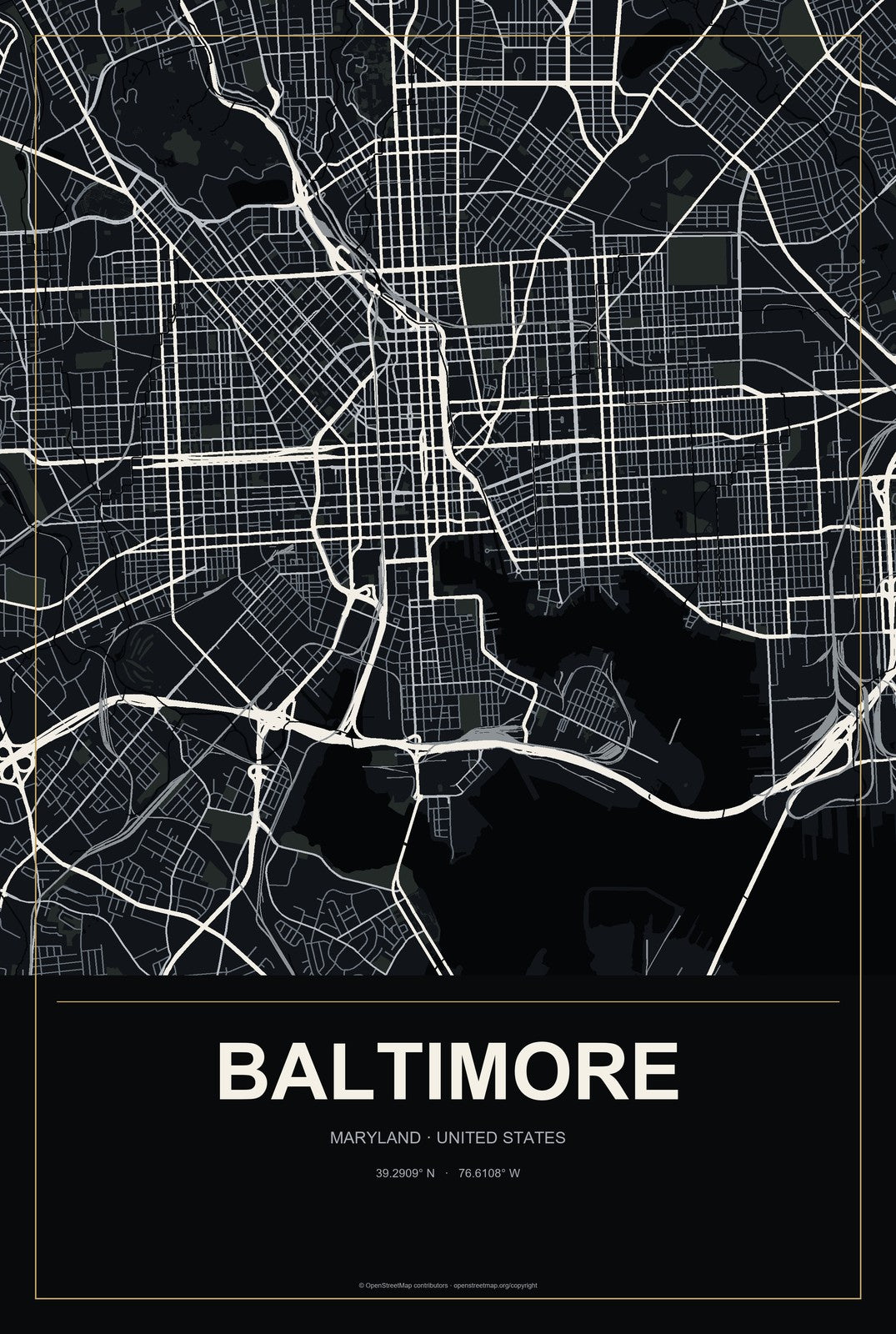 Baltimore, Maryland City Map Aluminum Sign in Metropolitan Noir style