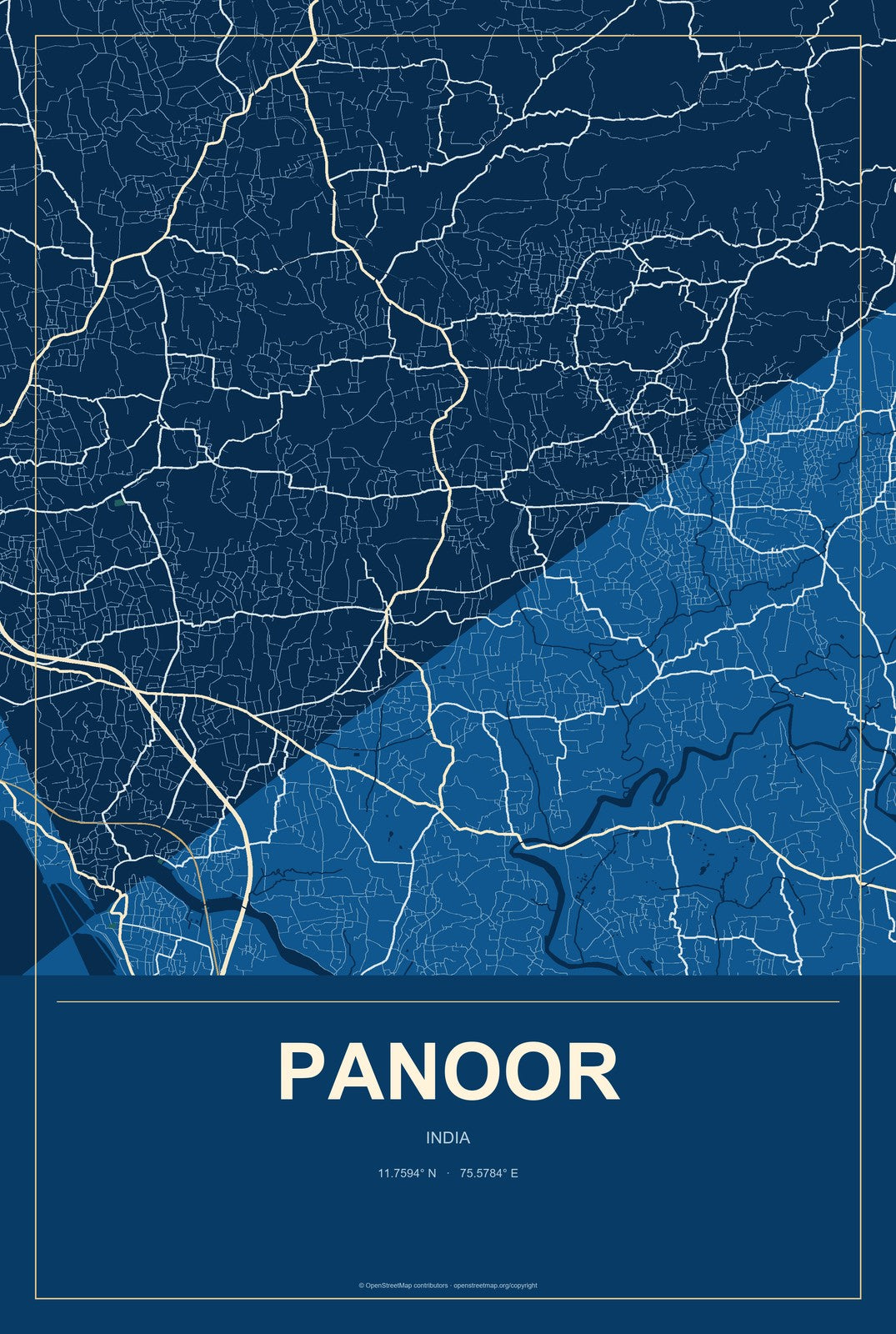 Panoor, India City Map Aluminum Sign in Harbor Cobalt style