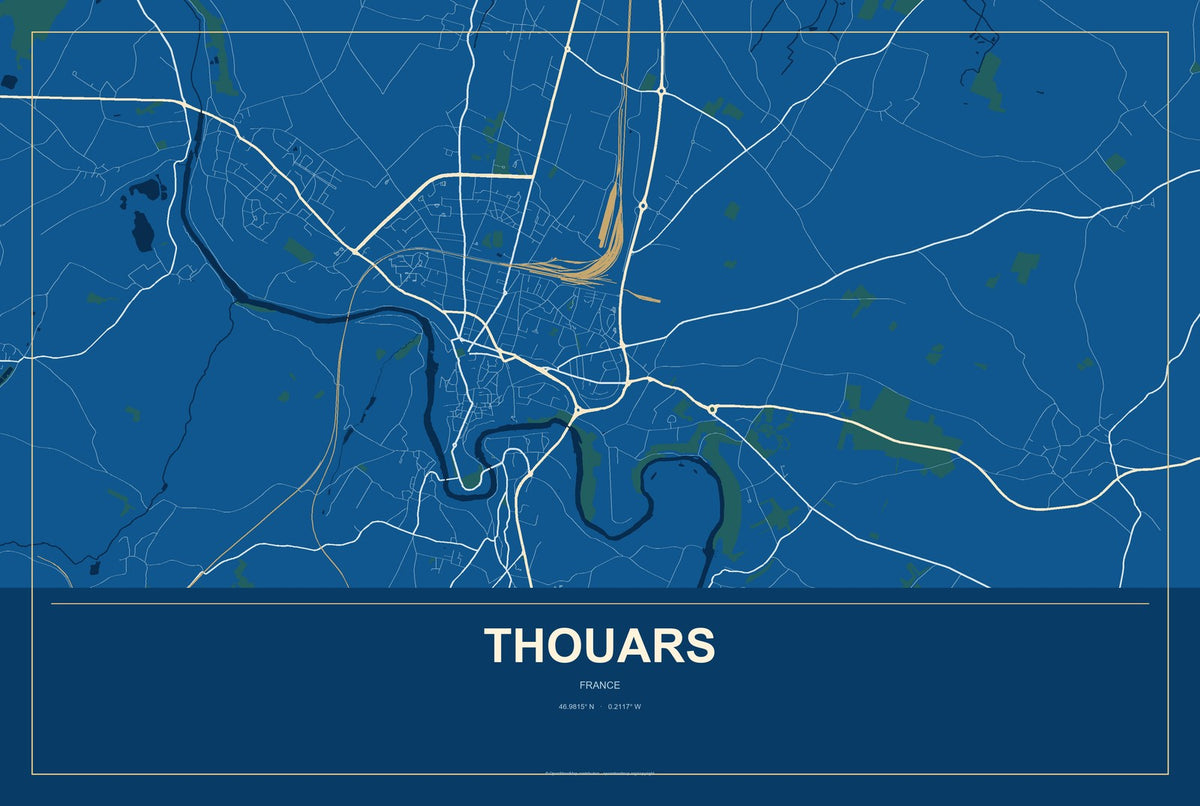 Thouars, France City Map Aluminum Sign in Harbor Cobalt style