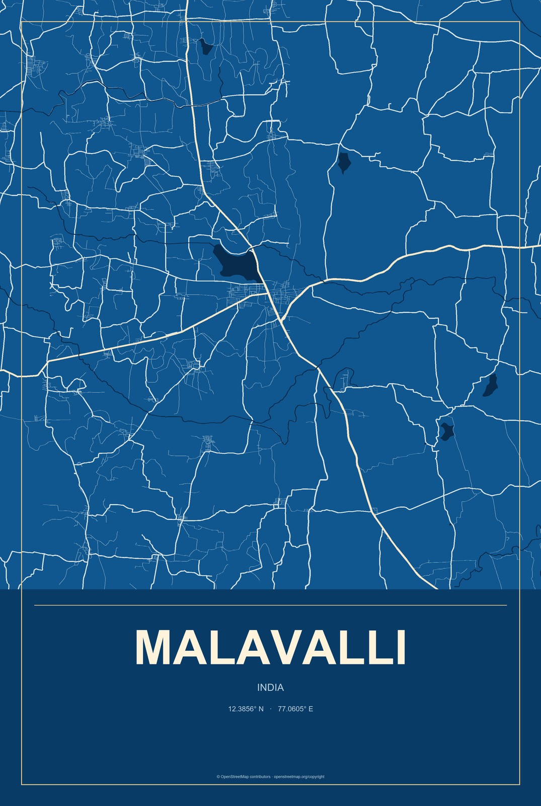 Malavalli, India City Map Aluminum Sign in Harbor Cobalt style