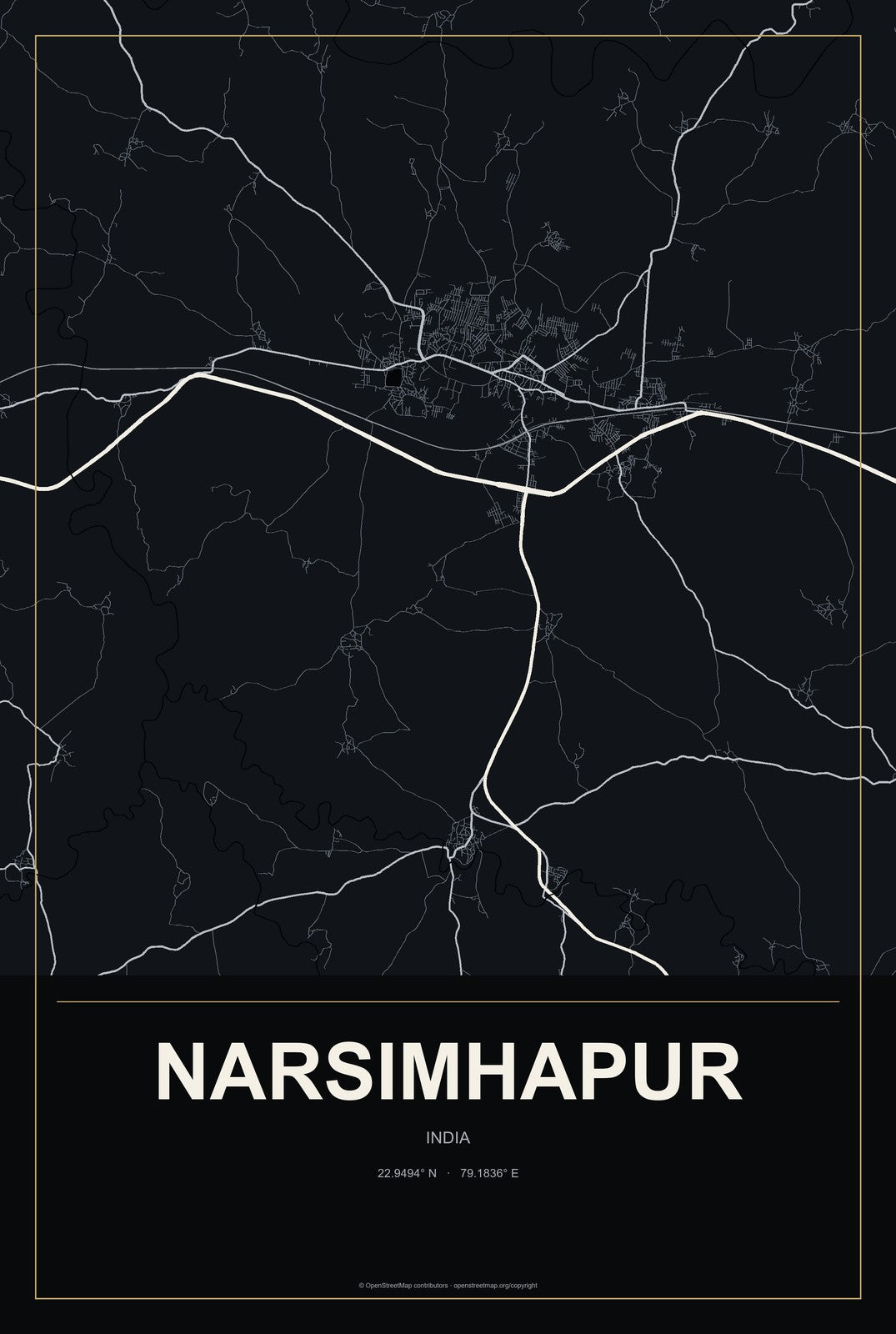 Narsimhapur, India City Map Aluminum Sign in Metropolitan Noir style