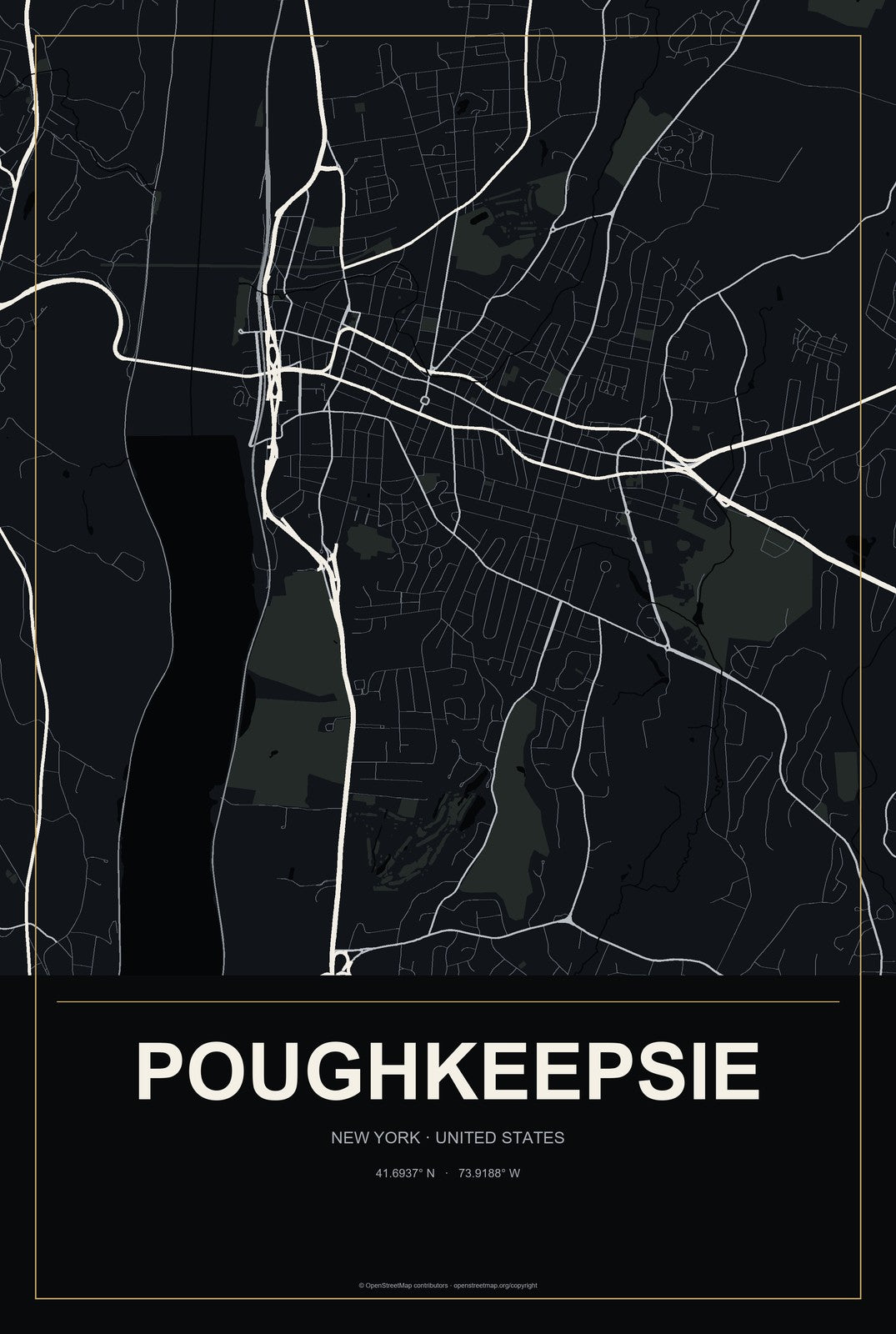 Poughkeepsie, New York City Map Aluminum Sign in Metropolitan Noir style