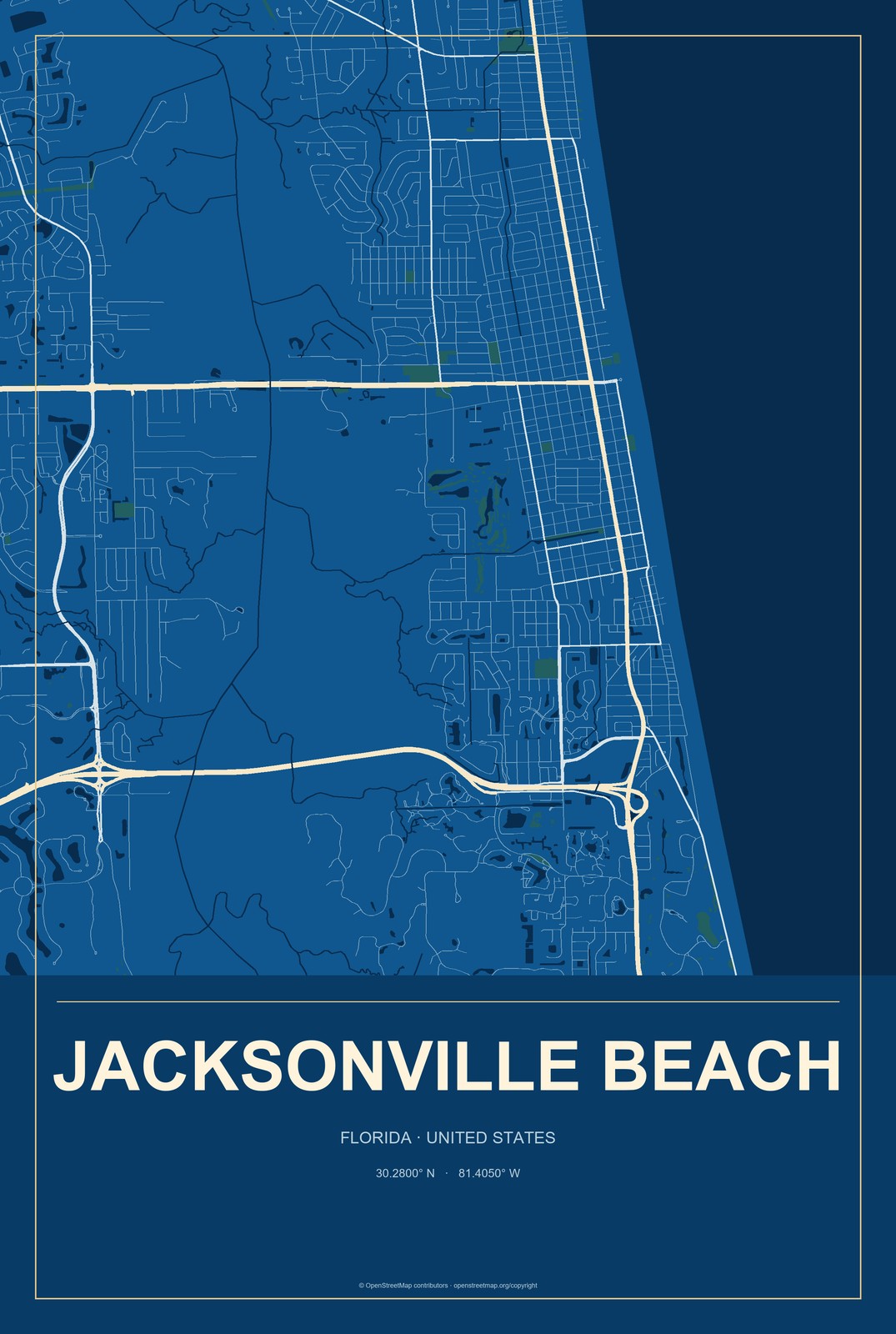 Jacksonville Beach, Florida City Map Aluminum Sign in Harbor Cobalt style