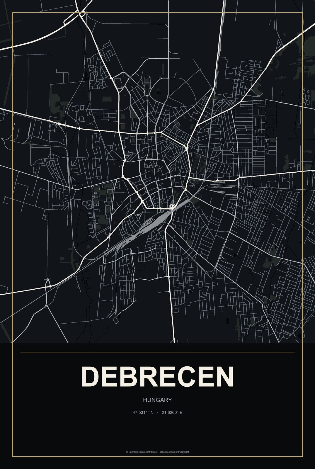 Debrecen, Hungary City Map Aluminum Sign in Metropolitan Noir style