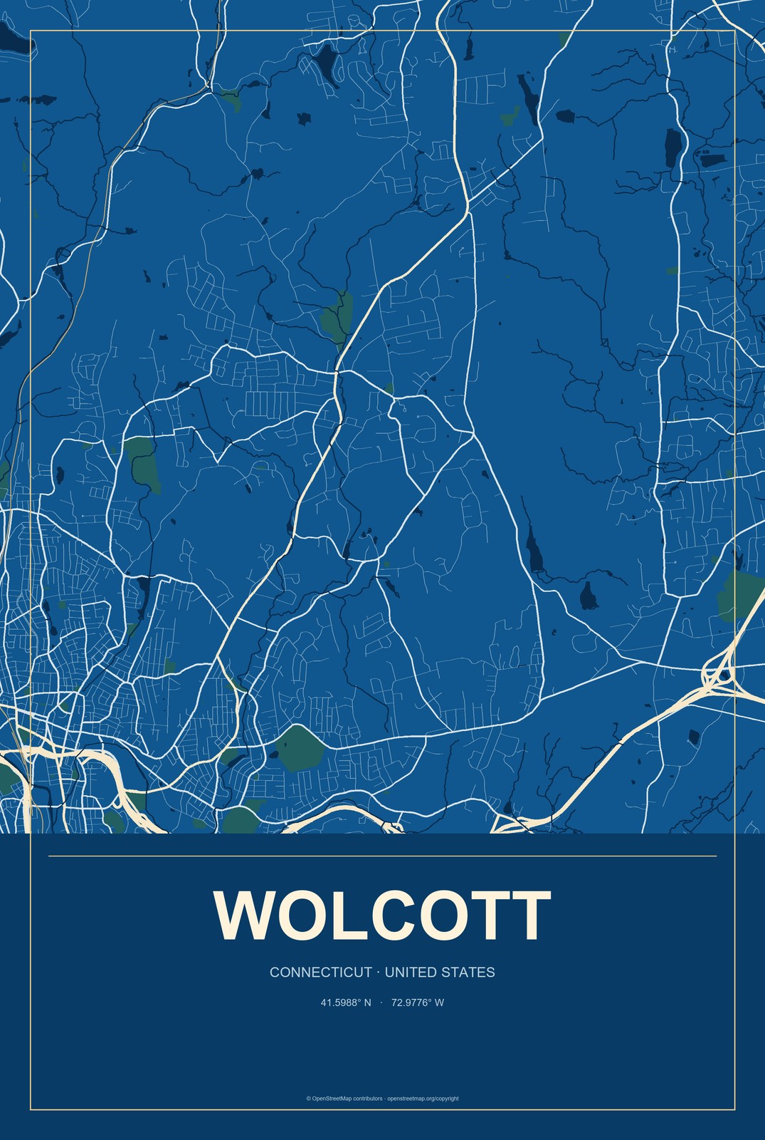 Wolcott, Connecticut City Map Aluminum Sign in Harbor Cobalt style