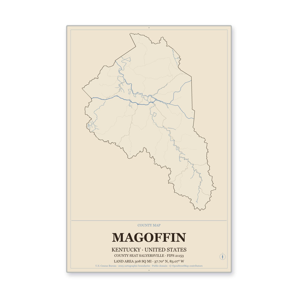 Magoffin County, Kentucky Map Aluminum Sign in Heritage Nautical style