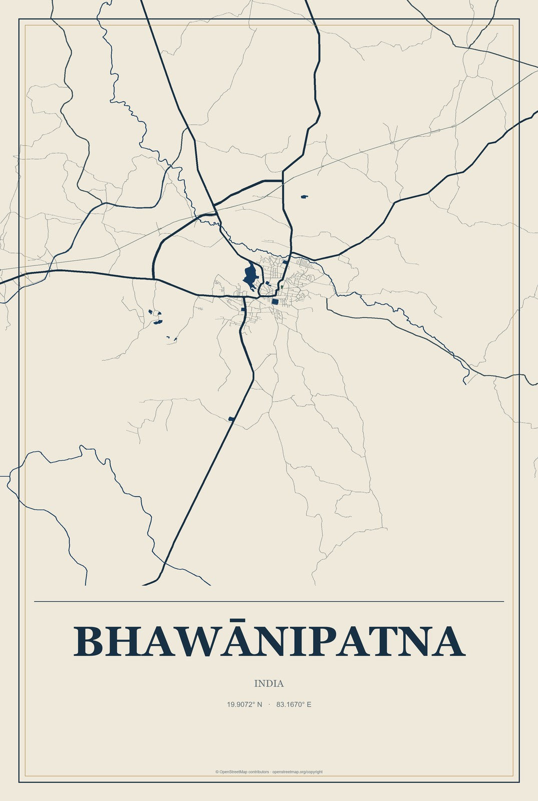 Bhawānipatna, India City Map Aluminum Sign in Coastal Cutout style