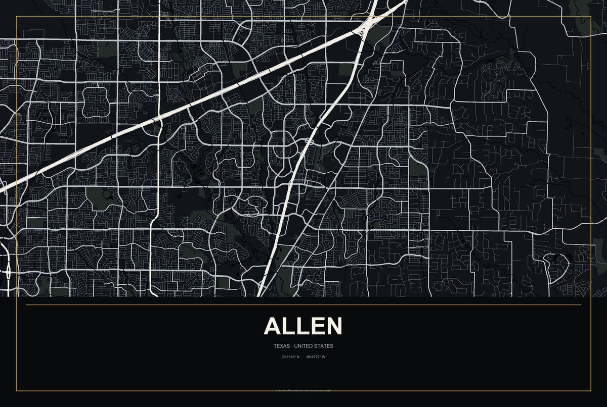 Allen, Texas City Map Aluminum Sign in Metropolitan Noir style