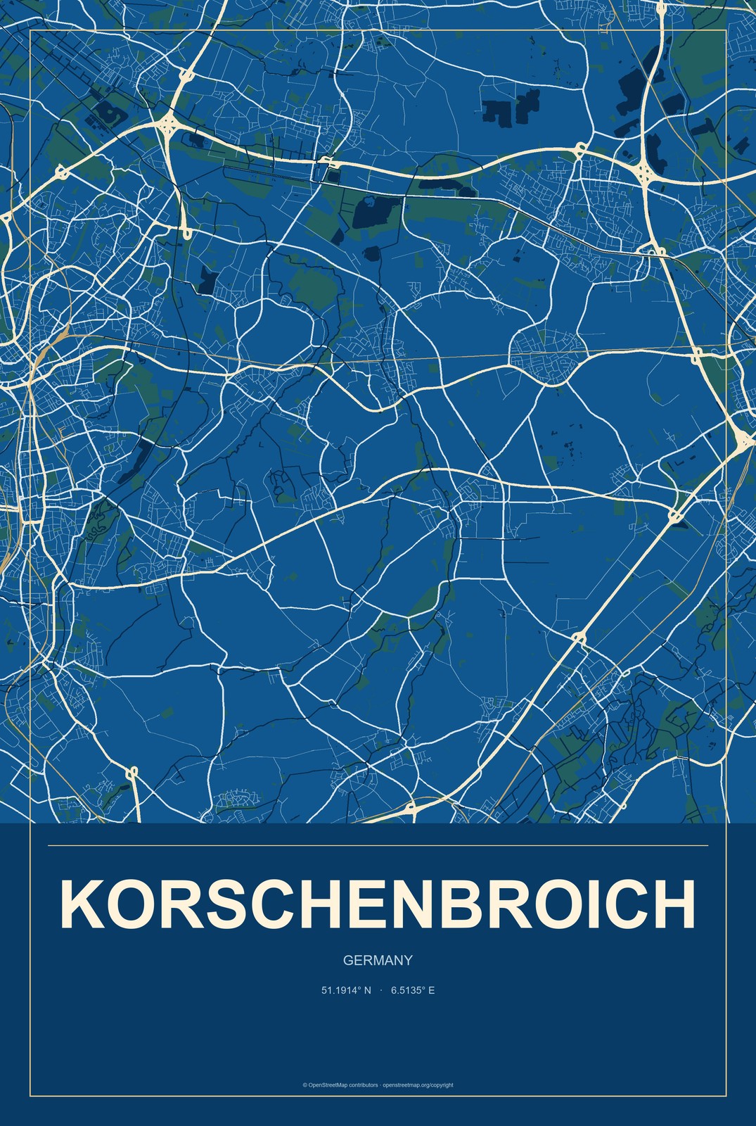 Korschenbroich, Germany City Map Aluminum Sign in Harbor Cobalt style