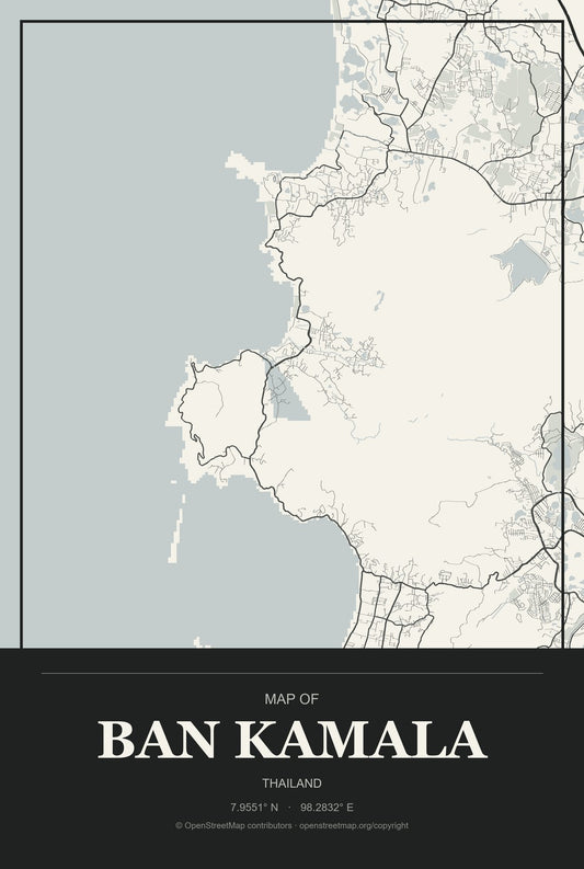 Ban Kamala, Thailand City Map Aluminum Sign in Museum Plaque style