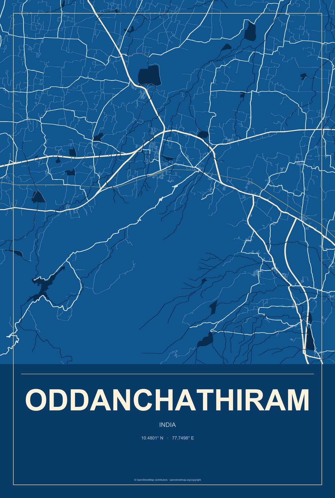 Oddanchathiram, India City Map Aluminum Sign in Harbor Cobalt style