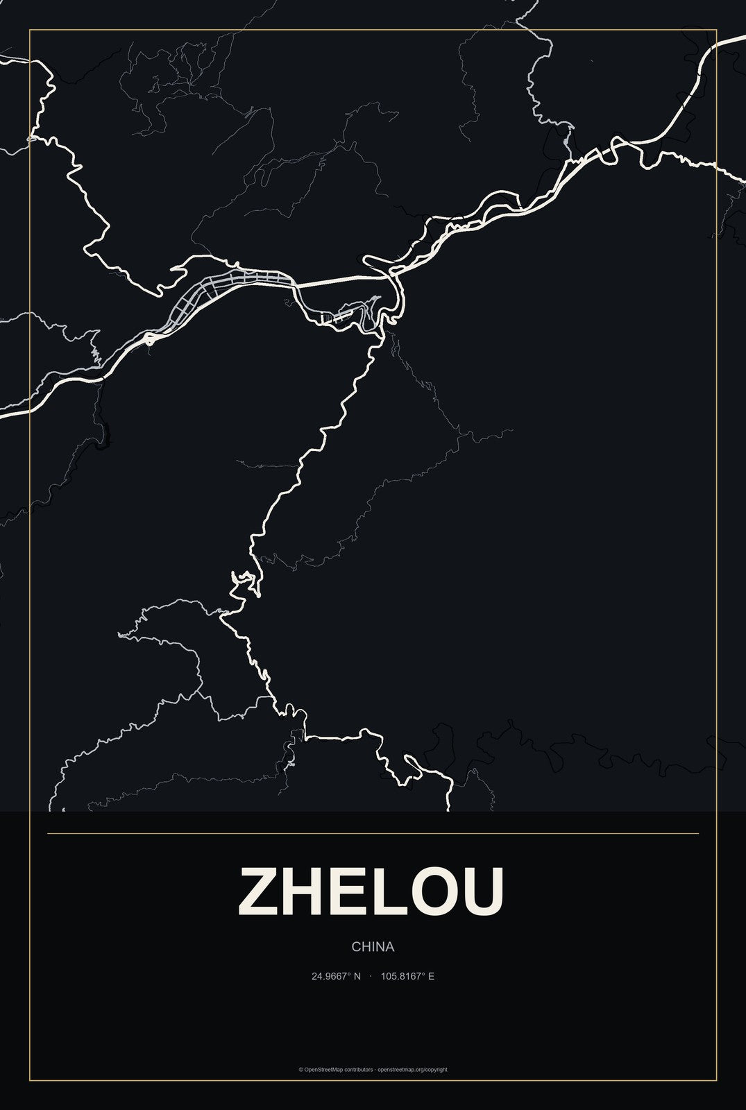 Zhelou, China City Map Aluminum Sign in Metropolitan Noir style