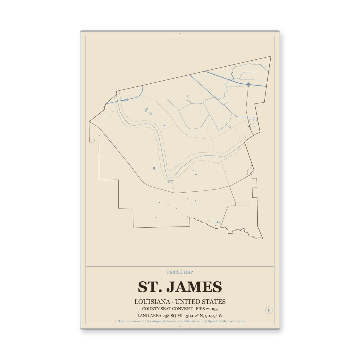 St. James Parish, Louisiana Map Aluminum Sign in Heritage Nautical style
