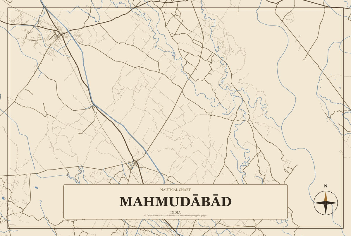 Mahmudābād, India City Map Aluminum Sign in Heritage Nautical style
