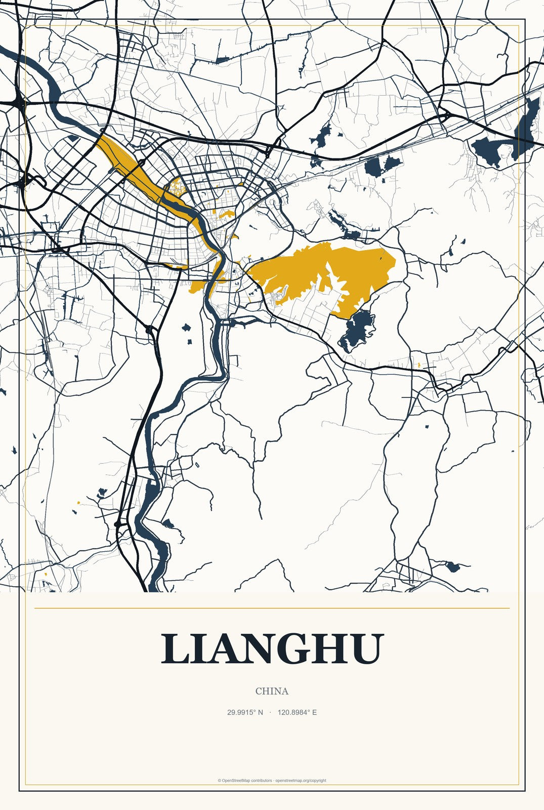 Lianghu, China City Map Aluminum Sign in Citrine Modern style