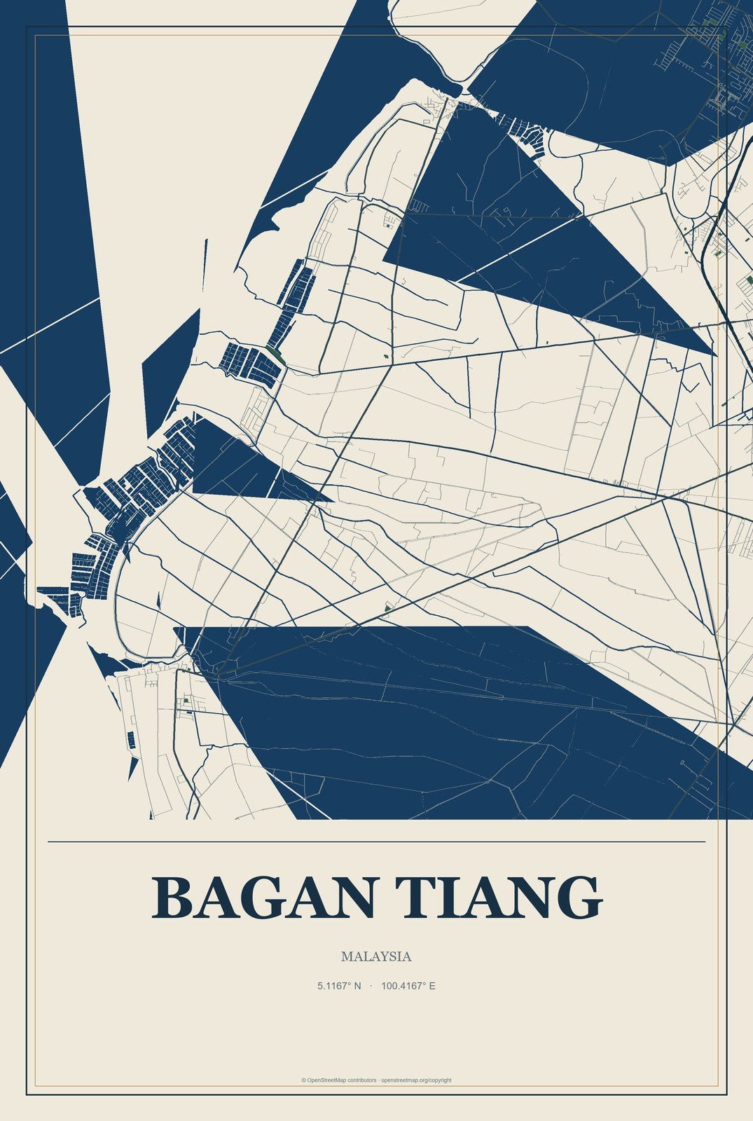 Bagan Tiang, Malaysia City Map Aluminum Sign in Coastal Cutout style