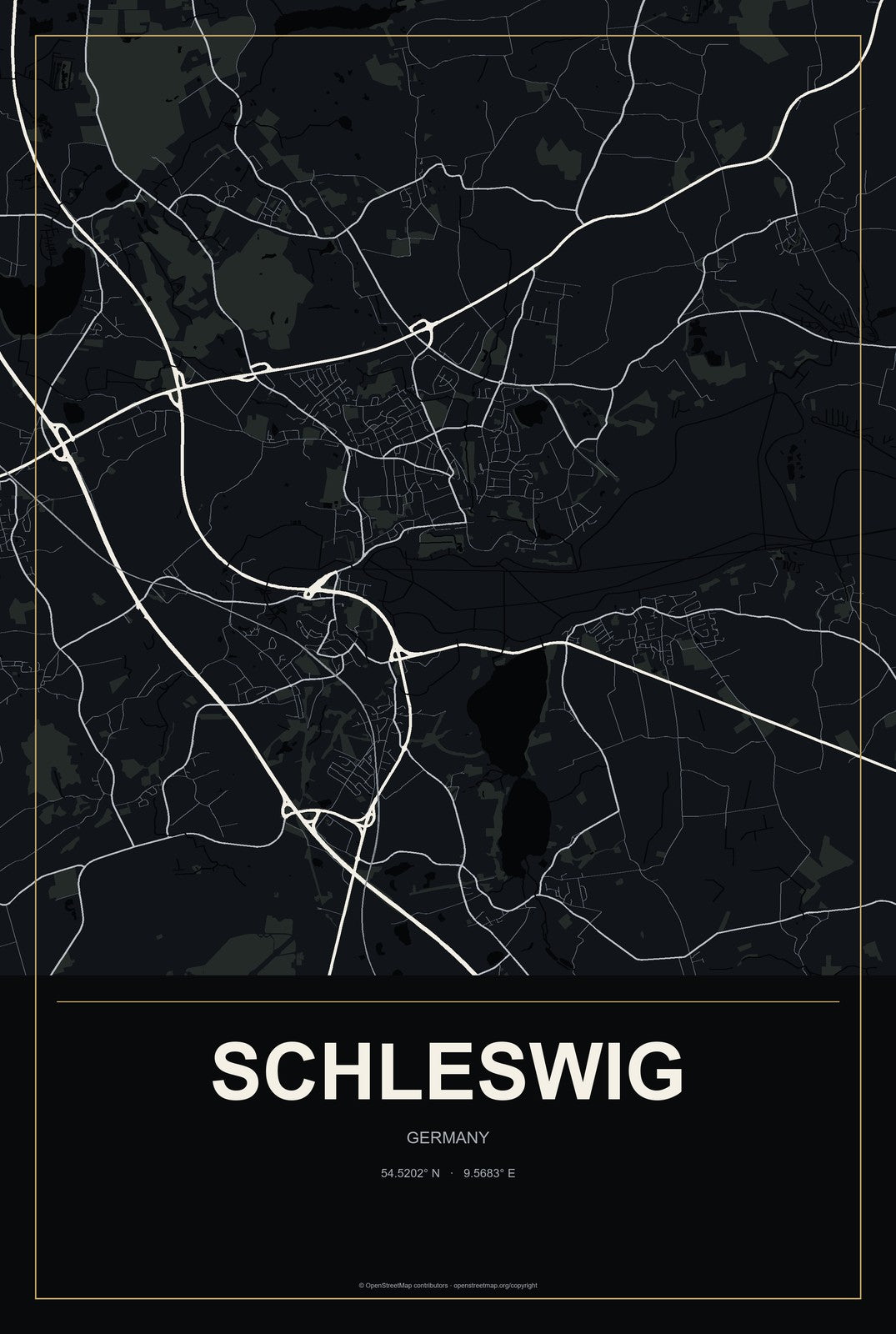 Schleswig, Germany City Map Aluminum Sign in Metropolitan Noir style