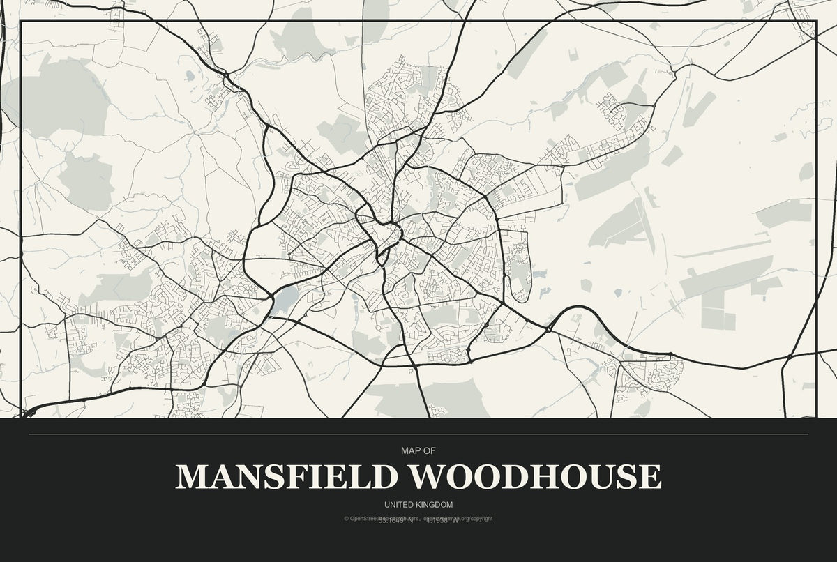 Mansfield Woodhouse, United Kingdom City Map Aluminum Sign in Museum Plaque style
