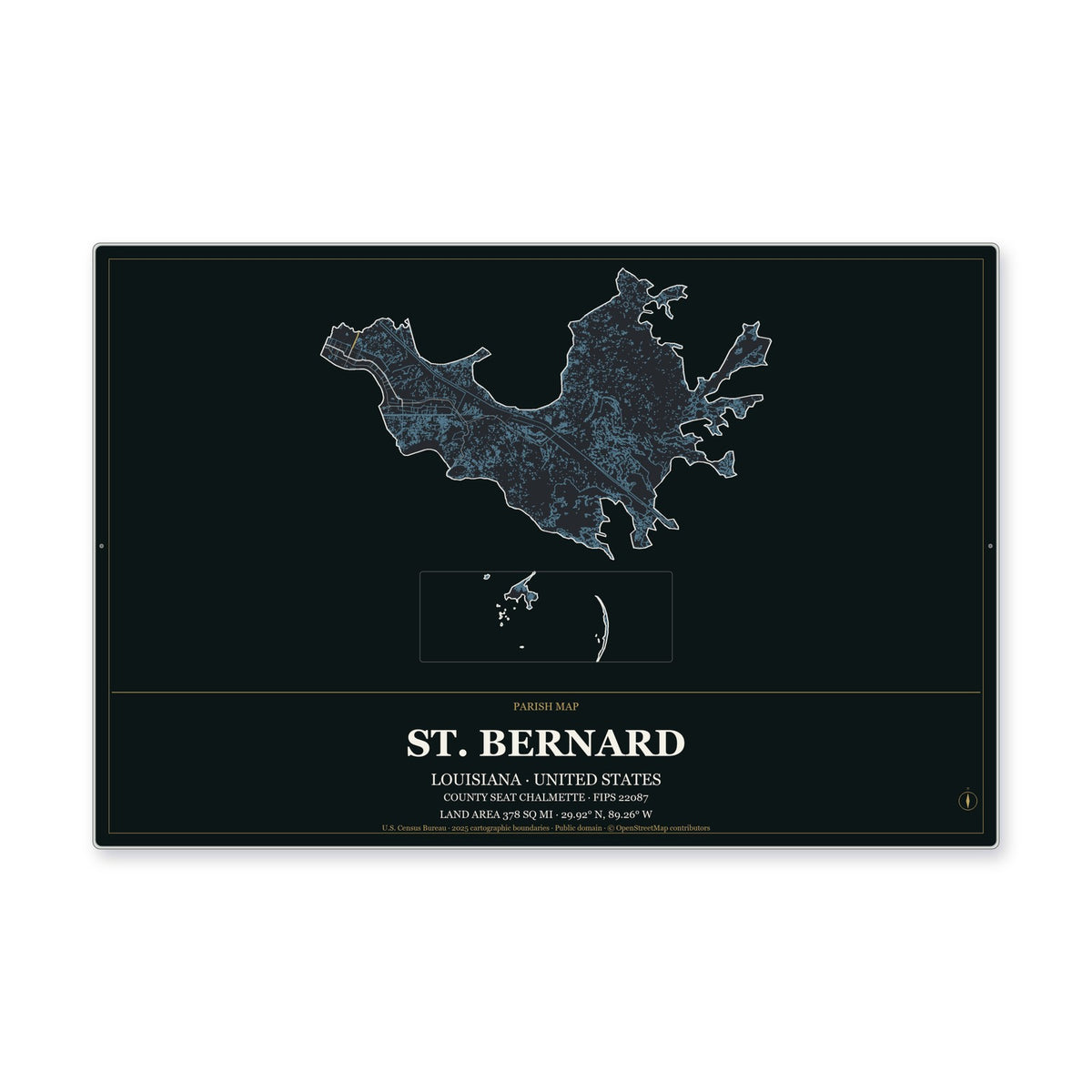 St. Bernard Parish, Louisiana Map Aluminum Sign in Metropolitan Noir style
