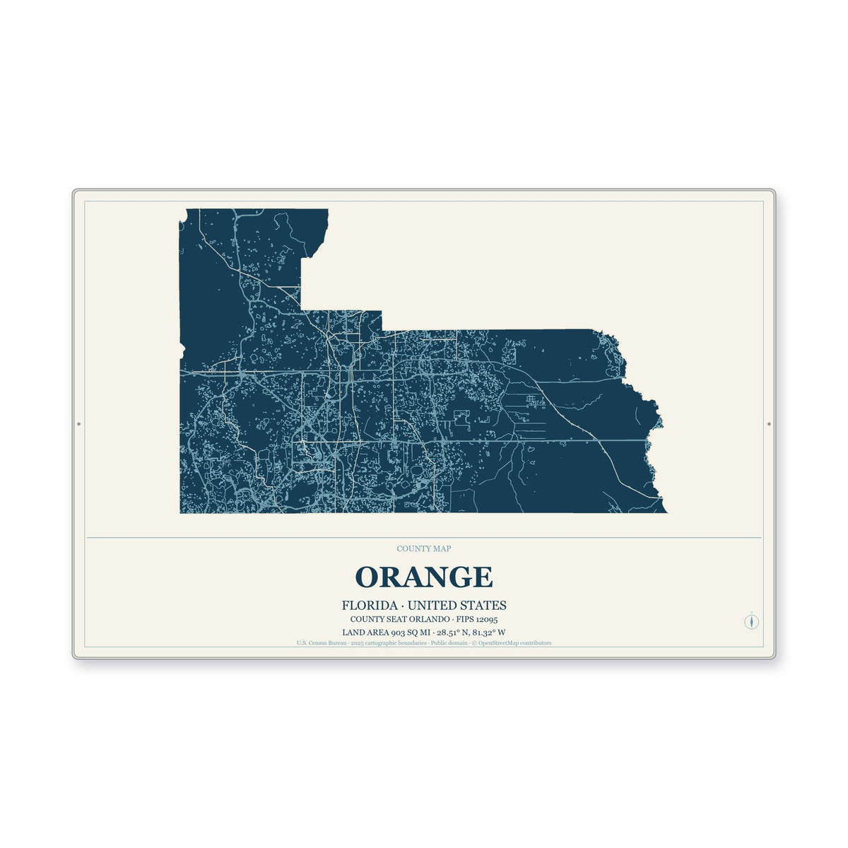 Orange County, Florida Map Aluminum Sign in Coastal Cutout style