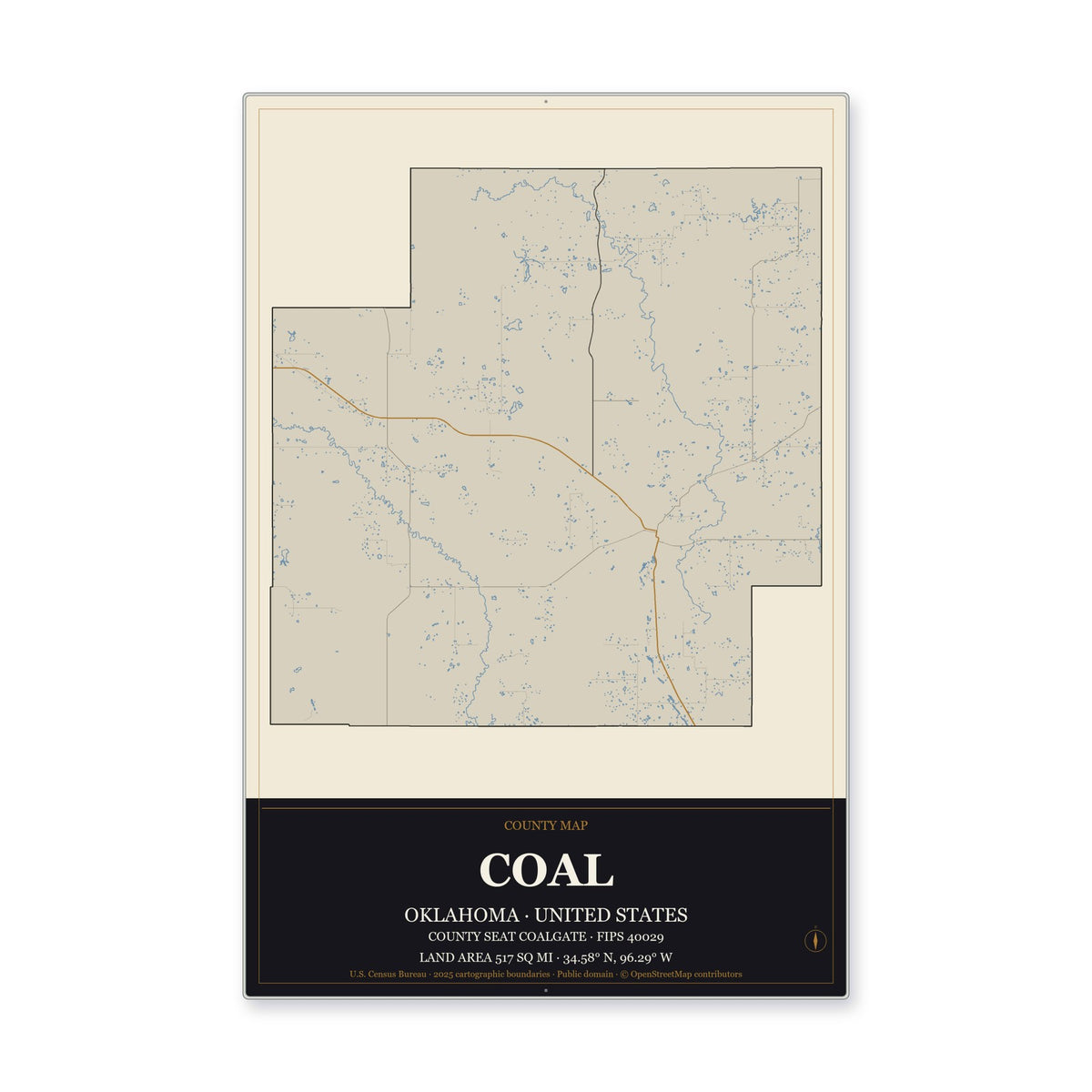 Coal County, Oklahoma Map Aluminum Sign in Museum Plaque style
