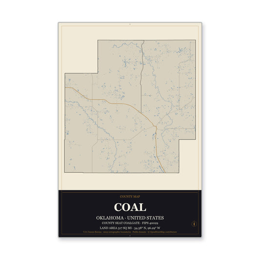 Coal County, Oklahoma Map Aluminum Sign in Museum Plaque style
