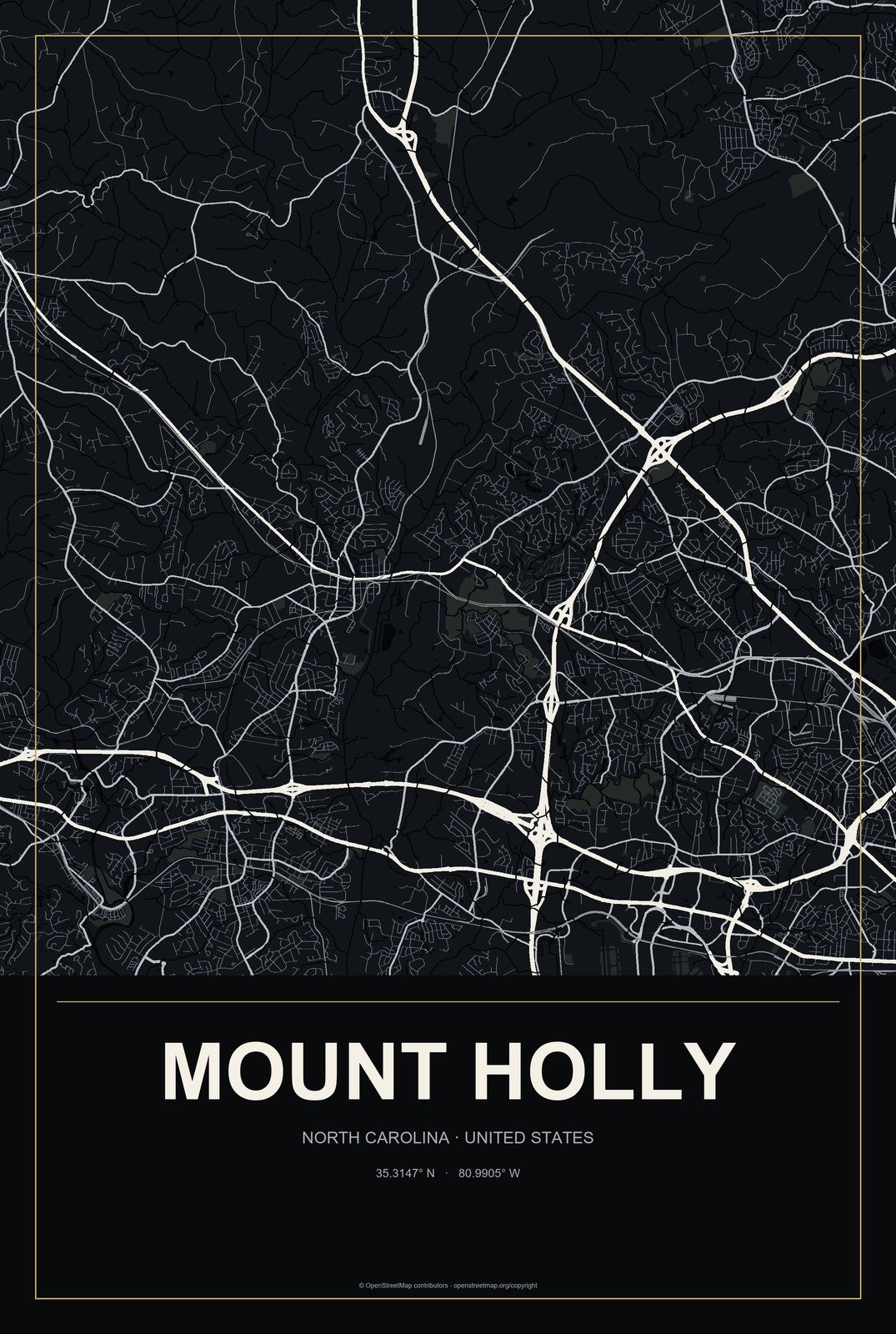 Mount Holly, North Carolina City Map Aluminum Sign in Metropolitan Noir style