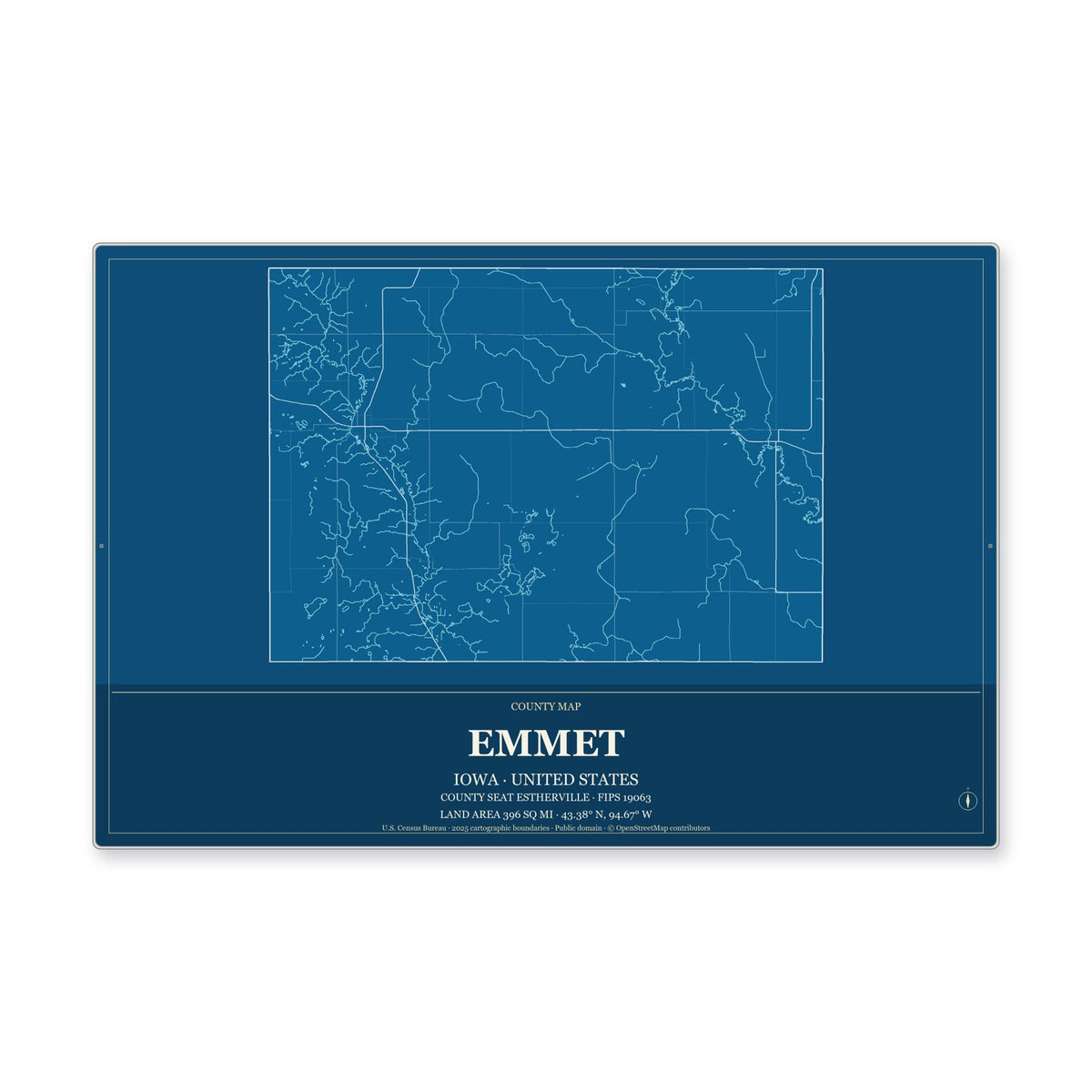 Emmet County, Iowa Map Aluminum Sign in Harbor Cobalt style