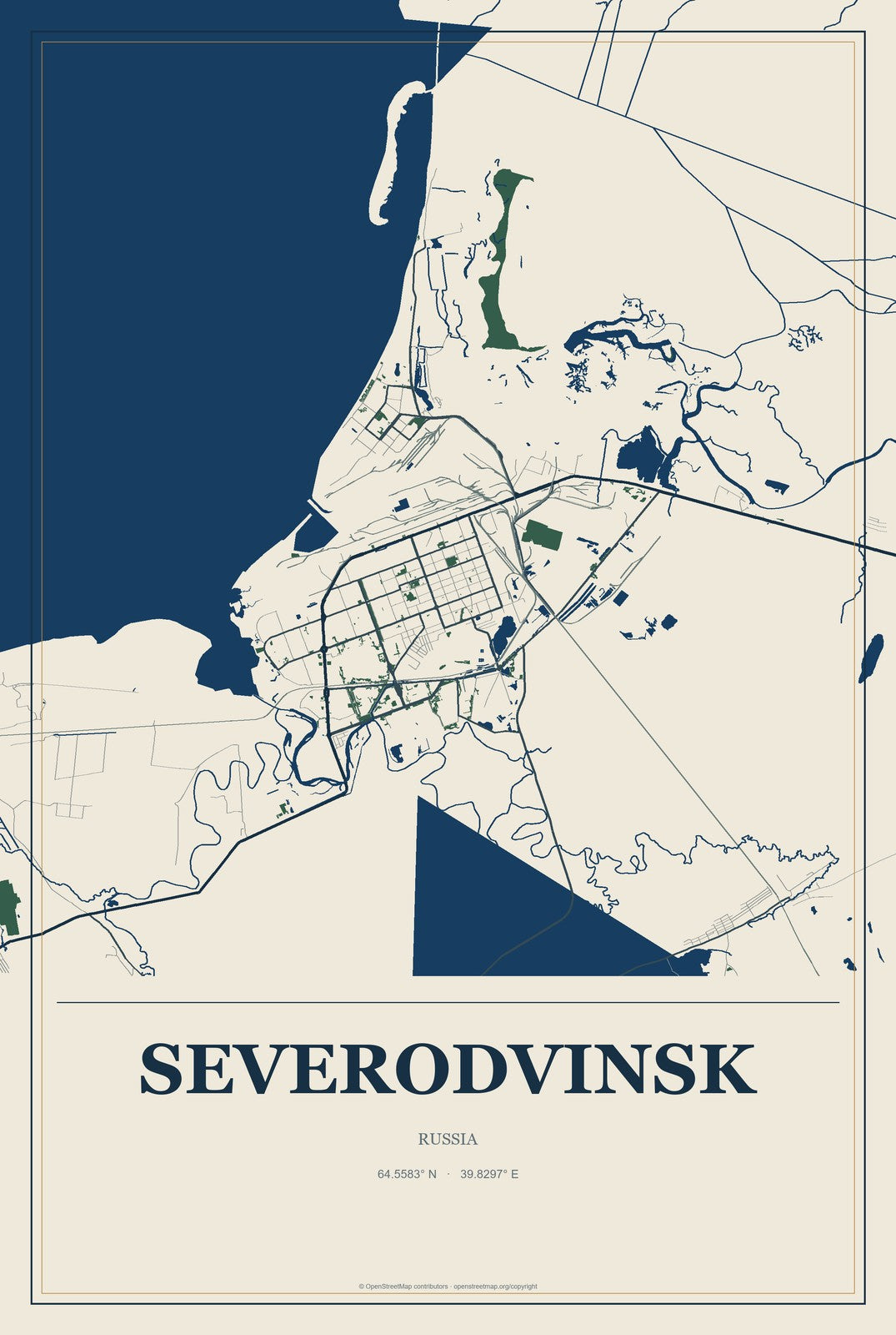 Severodvinsk, Russia City Map Aluminum Sign in Coastal Cutout style