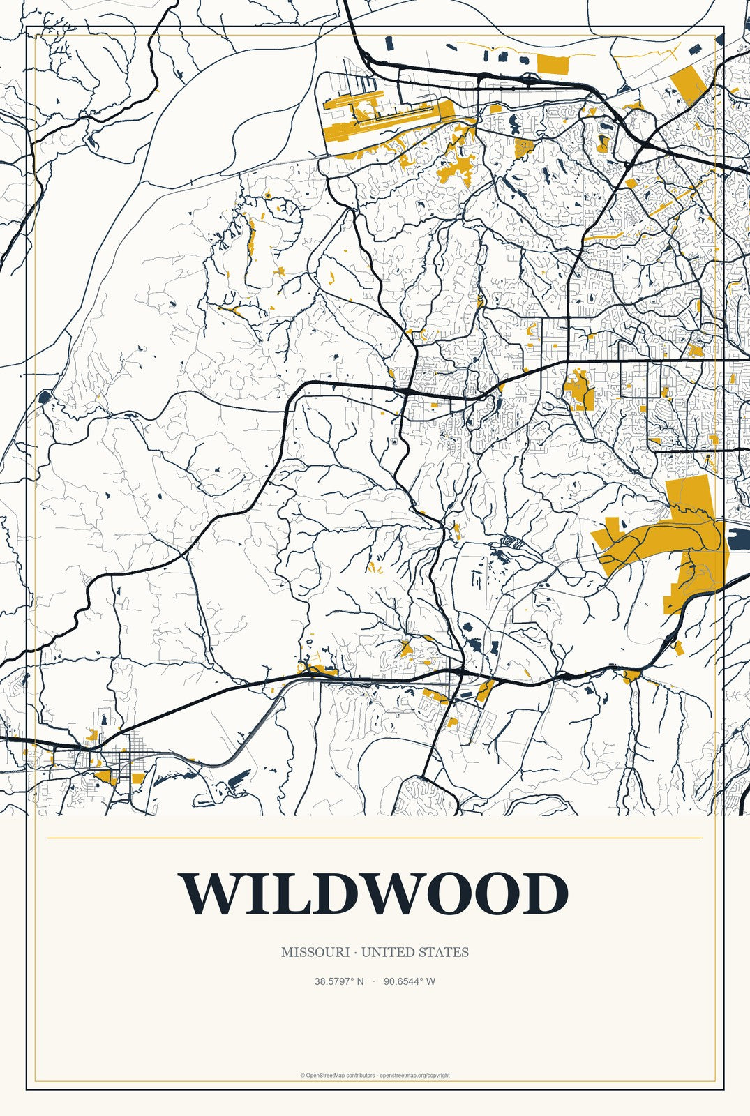 Wildwood, Missouri City Map Aluminum Sign in Citrine Modern style