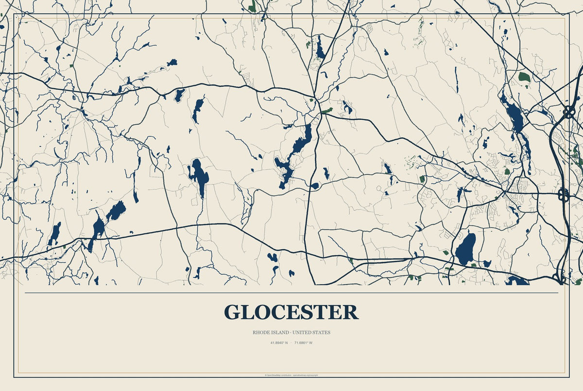 Glocester, Rhode Island City Map Aluminum Sign in Coastal Cutout style