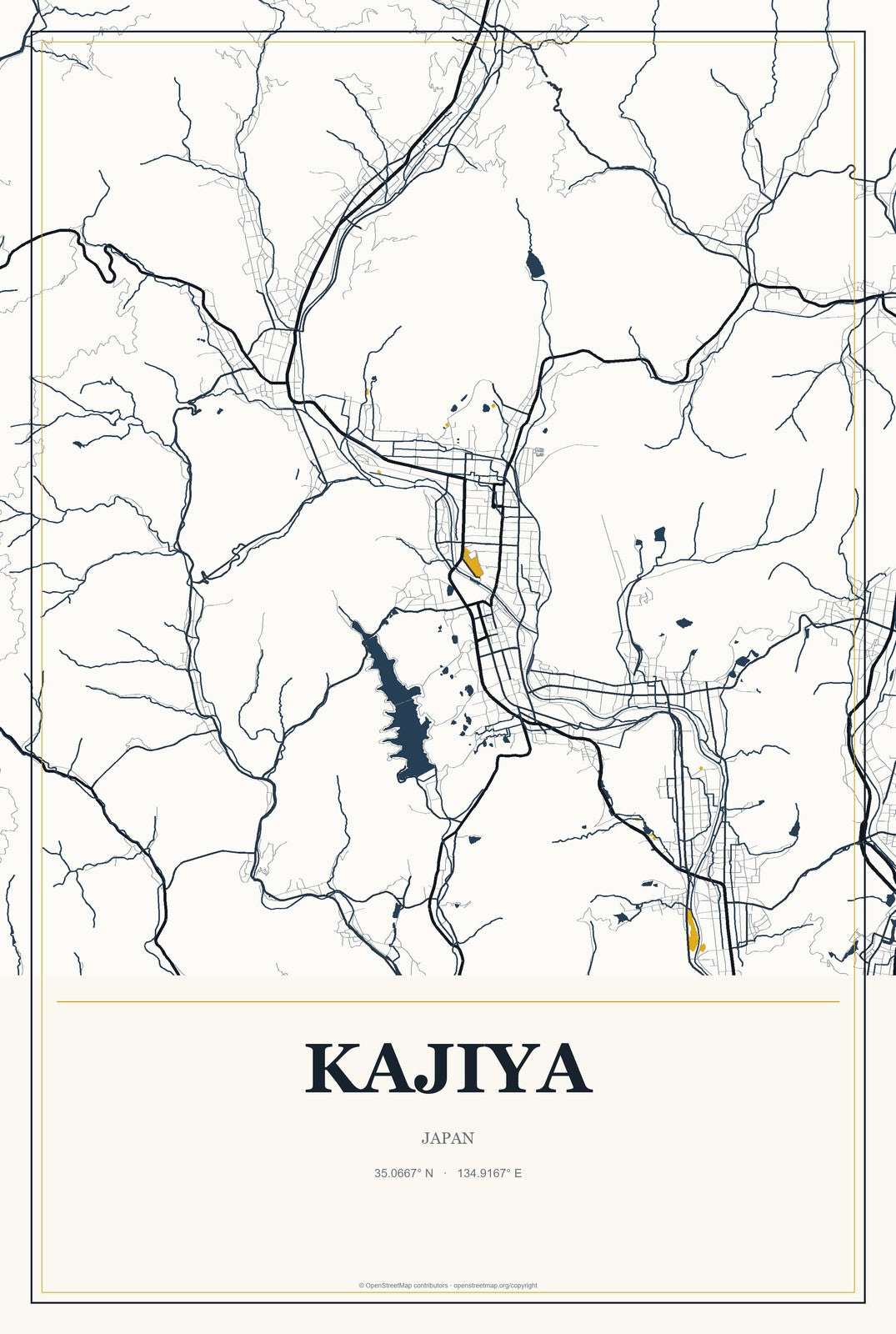 Kajiya, Japan City Map Aluminum Sign in Citrine Modern style