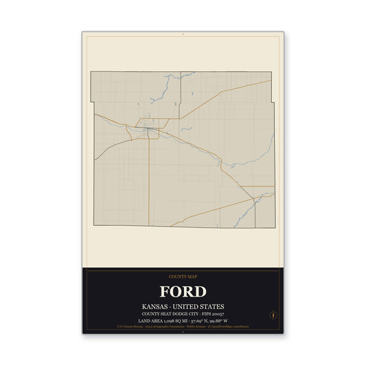 Ford County, Kansas Map Aluminum Sign in Museum Plaque style