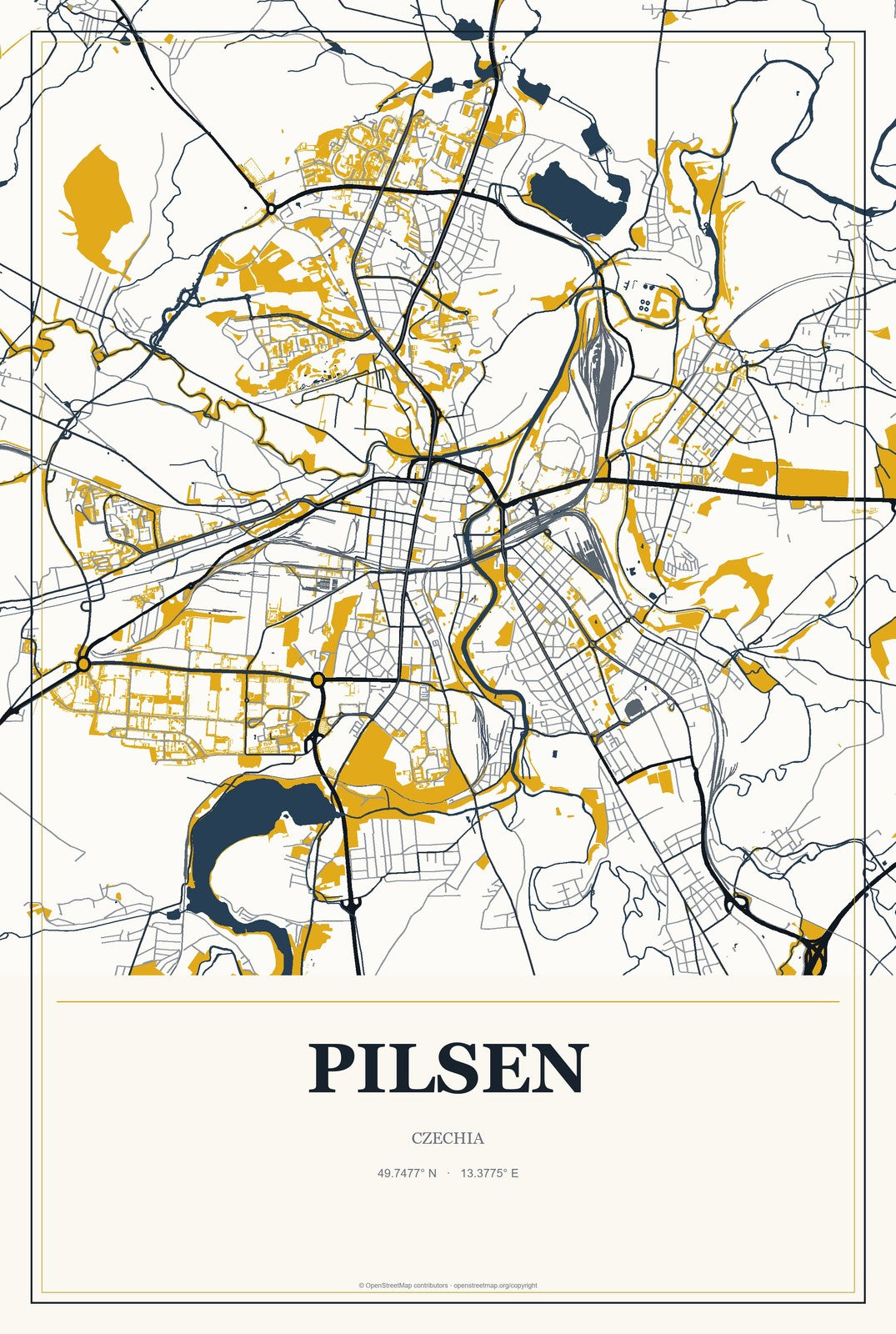 Pilsen, Czechia City Map Aluminum Sign in Citrine Modern style