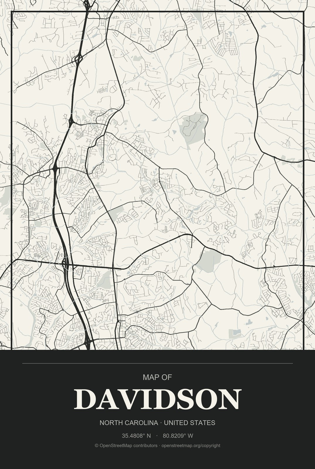 Davidson, North Carolina City Map Aluminum Sign in Museum Plaque style