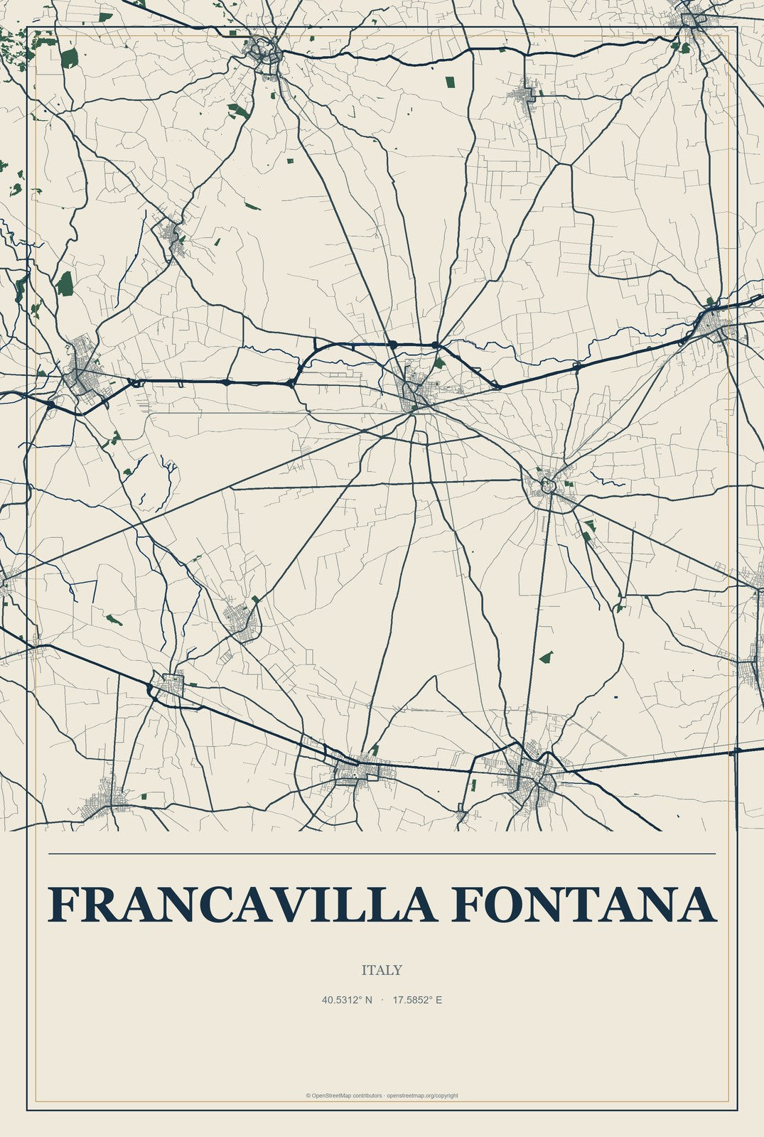 Francavilla Fontana, Italy City Map Aluminum Sign in Coastal Cutout style