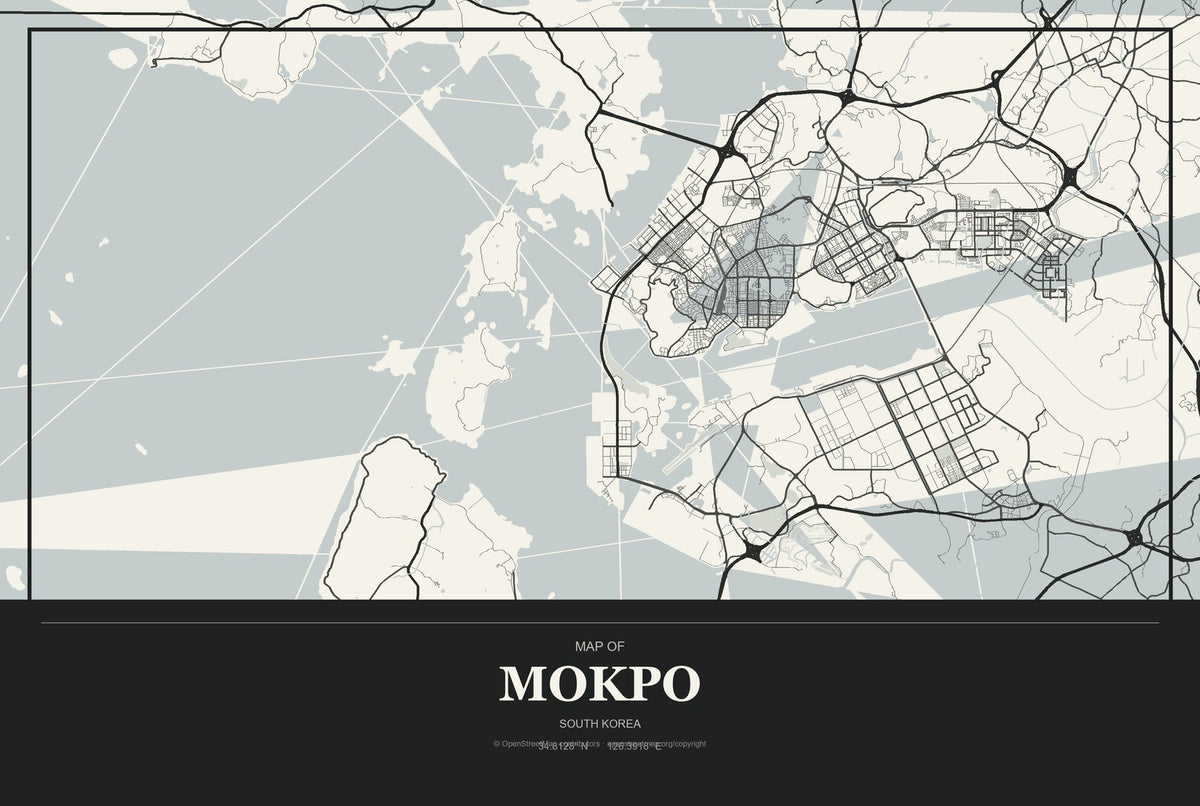 Mokpo, South Korea City Map Aluminum Sign in Museum Plaque style