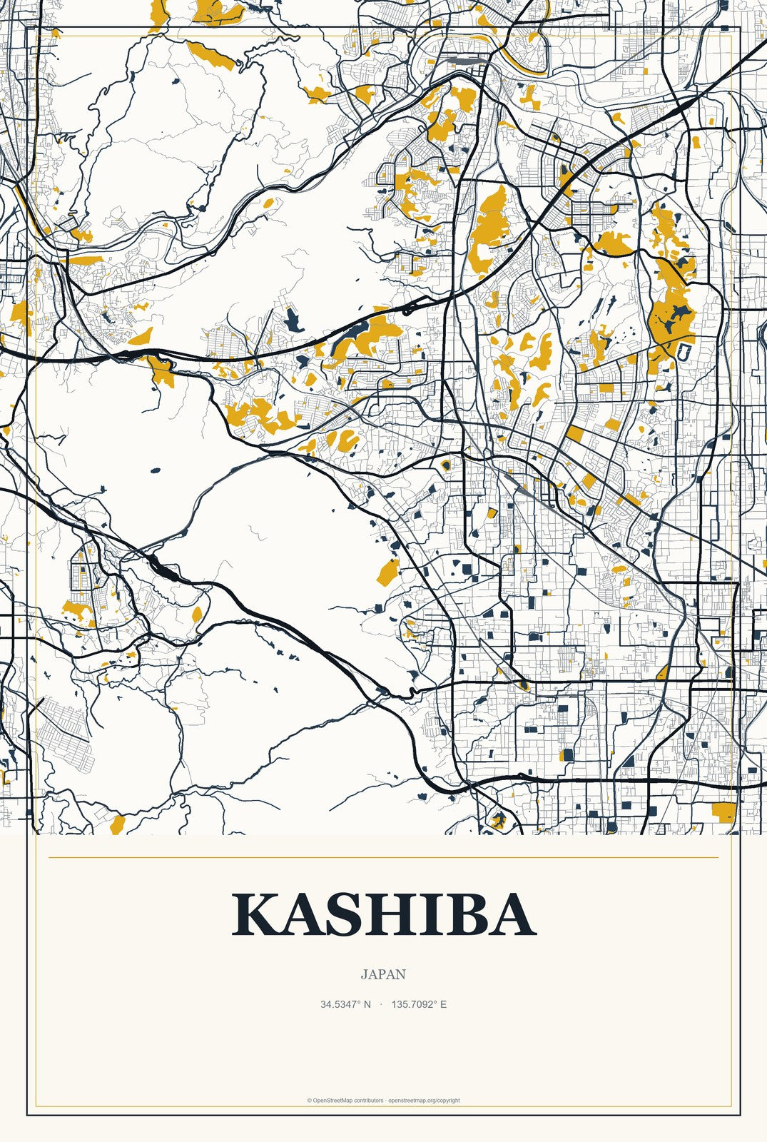 Kashiba, Japan City Map Aluminum Sign in Citrine Modern style